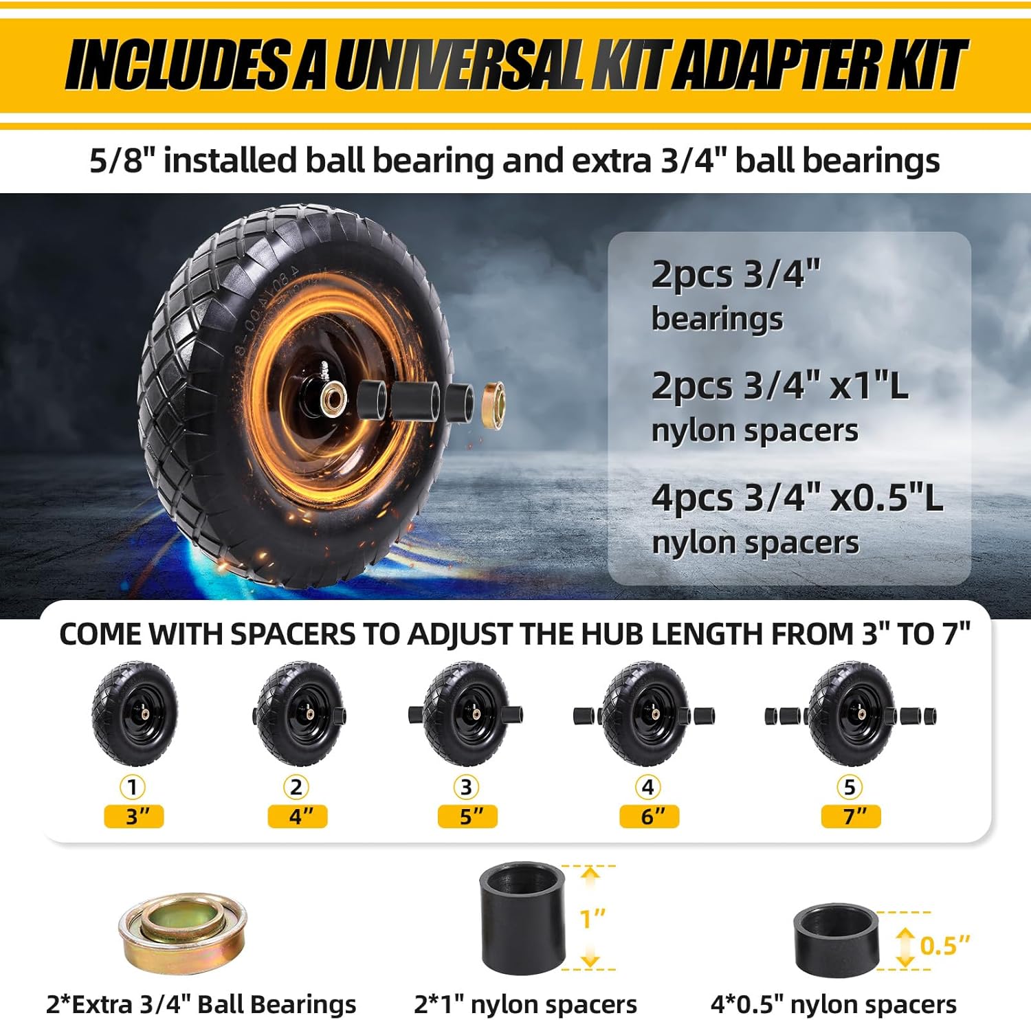 MZREXN 4.80/4.00-8" Flat Free Tire and Wheel, 16" Universal Solid Wheelbarrow Tires, with 5/8" & 3/4" Bearings, 3" Centered Hub for Hand Truck Garden Trailers Utility Cart Yard Wagon (2-PACK, Black)