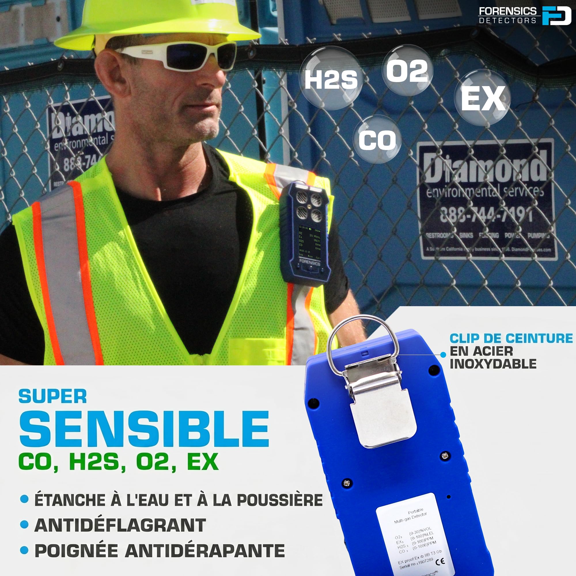 Détecteur 4 Gaz | O2, CO, H2S, LEL | Certificat d'Étalonnage UE | Écran Couleur | Batterie Rechargeable |