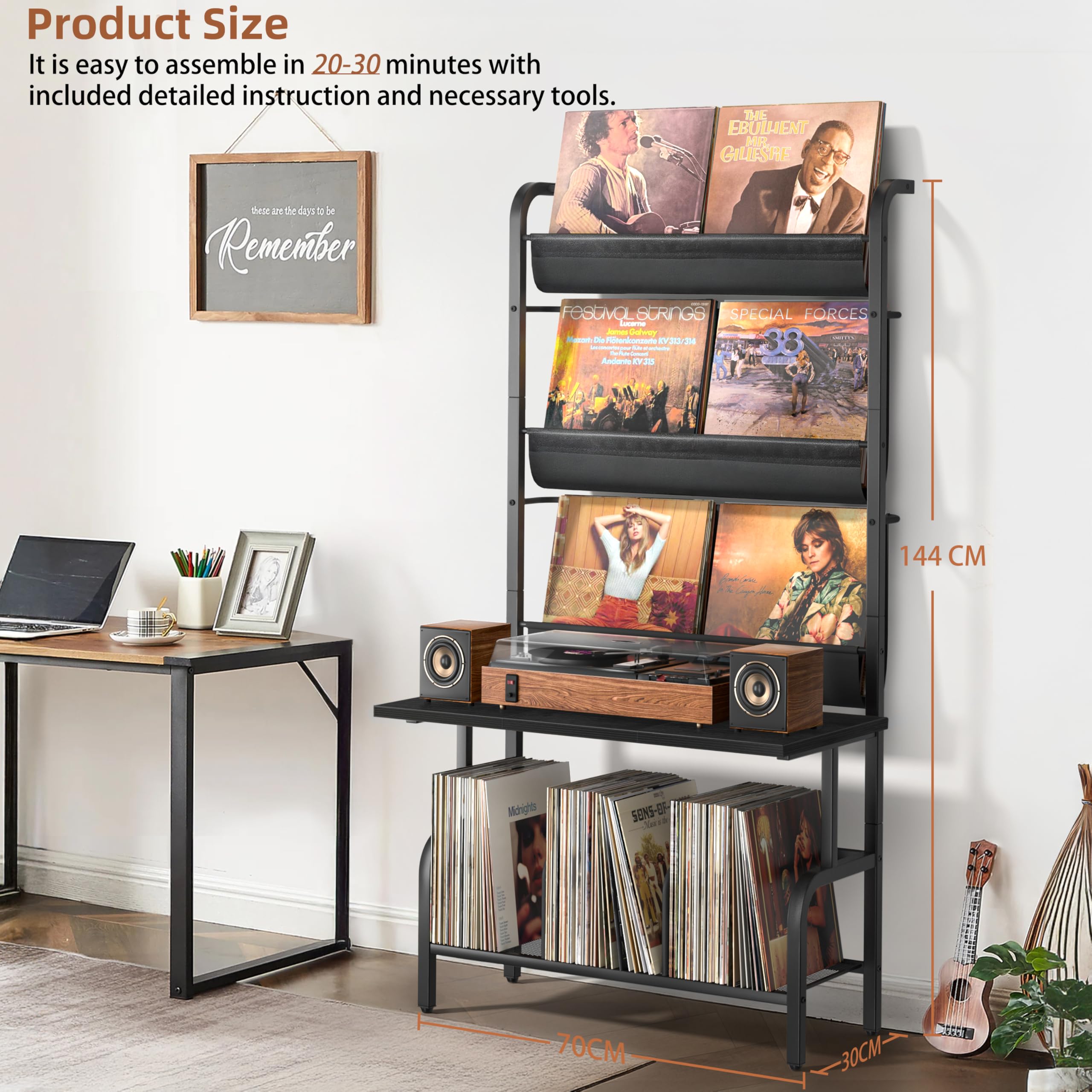 Bikoney Supporto per Giradischi con Mobiletto Porta Vinili, Archiviazione per 300 Album LP, Tavolino Multilivello con Espositore per Dischi, Mobile Robusto per Soggiorno, Nero