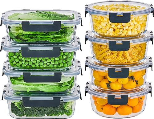 16 recipientes rectangulares de almacenamiento de alimentos de 35 onzas, recipientes de vidrio de 4.4 tazas, aptos para lavavajillas, congelador y