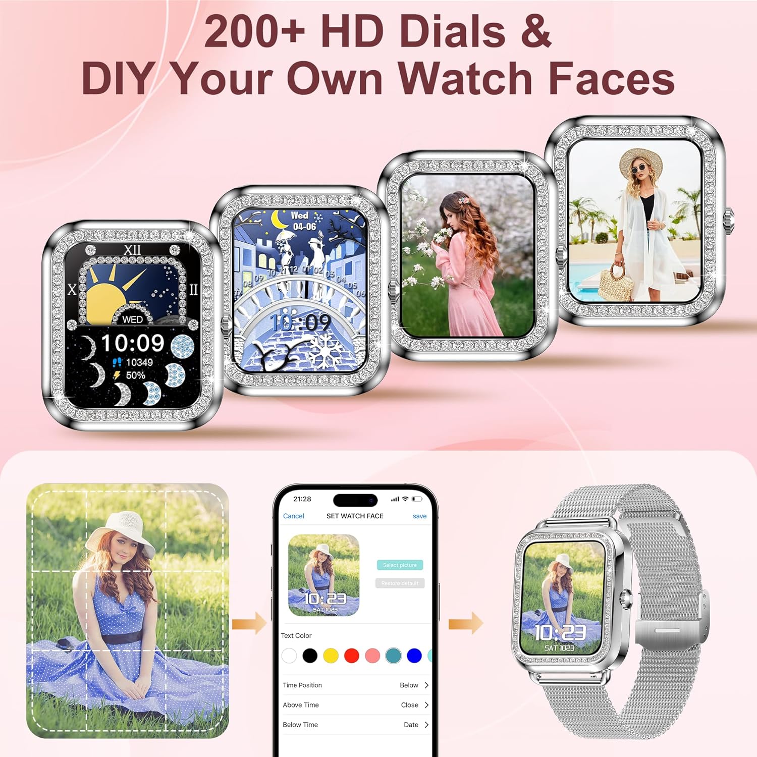Image showing various HD watch faces and a DIY option to customize with personal photos.