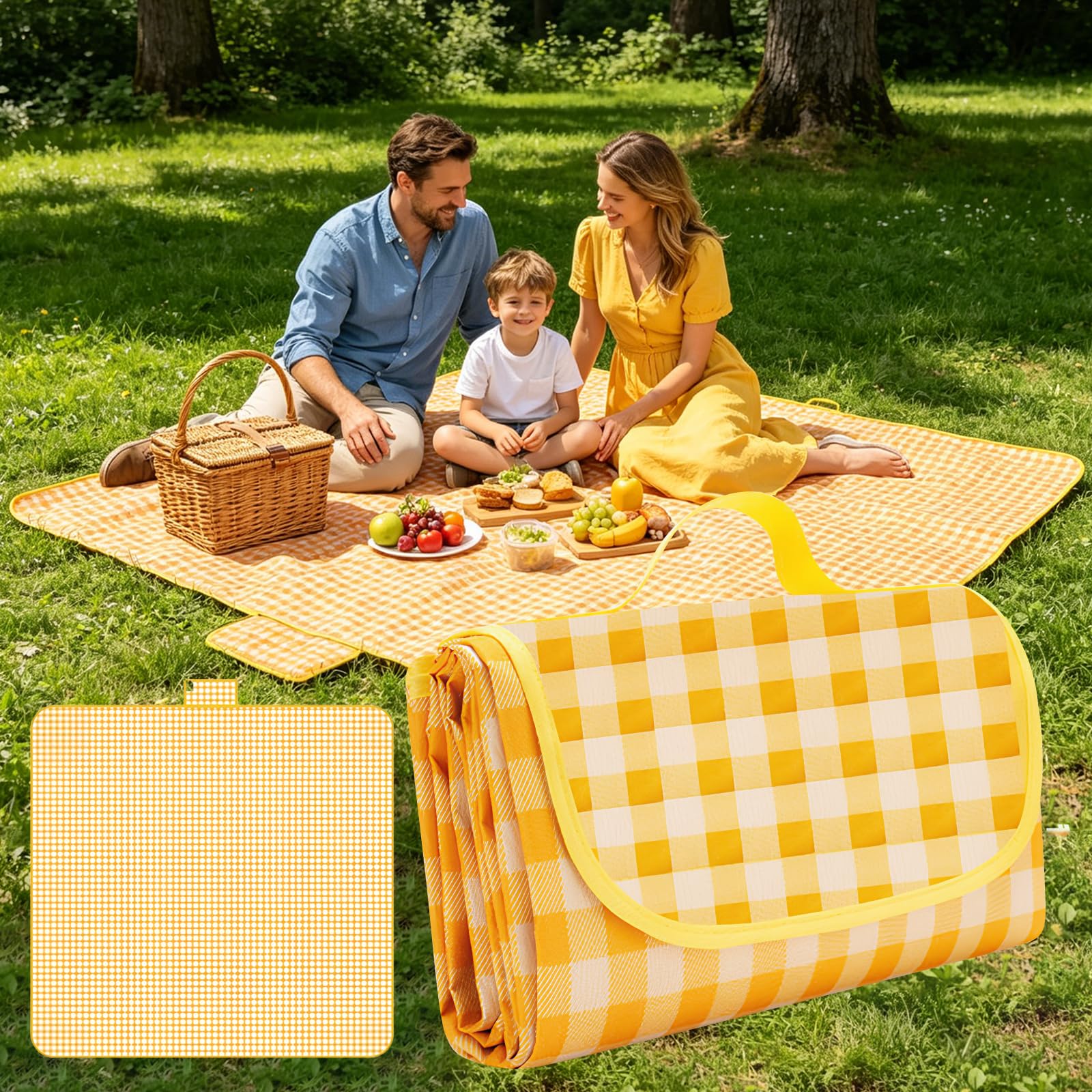 Azoisuwr Picnic Blanket Waterproof 200 X 200cm, Picnic Mat Camping Blanket with Handle Waterproof Bottom for Camping, Beach, Family Picnic