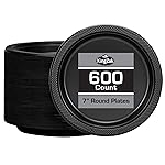 Hanna K. Signature Collection Black Plastic Plates 7 Inch - 600 count Solid Round Party For Weddings, BBQs, Birthday Disposable Dessert (81070 (case))