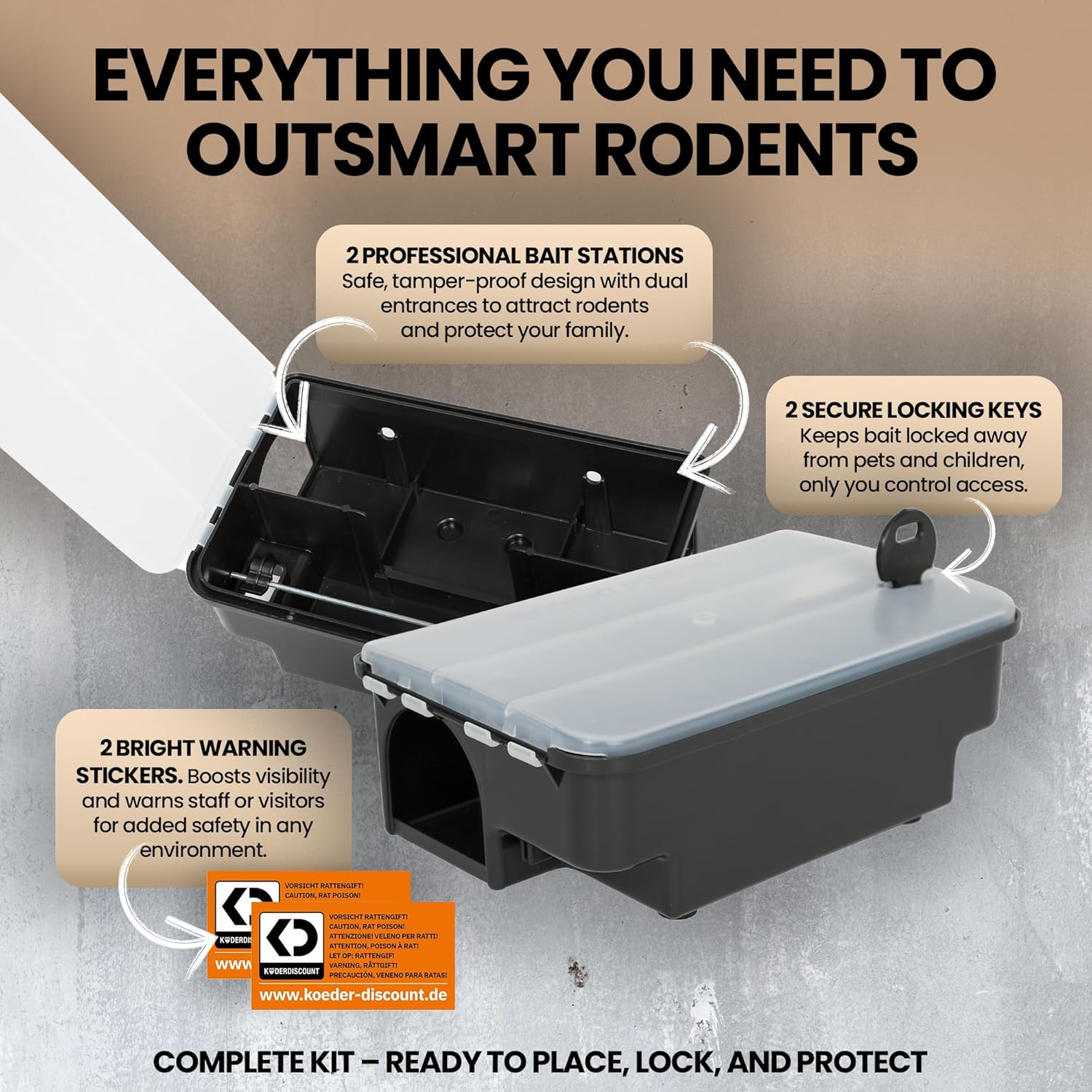 Köder-Discount Mouse & Rat Trap (Bait Not Included) – 4 Lockable Rat Bait Stations with Clear Lid & Dual Entry – Weather-Resistant, Tamper-Proof Rodent Trap to Prevent Bait Removal (8.7 x 5.5 x 3.1)