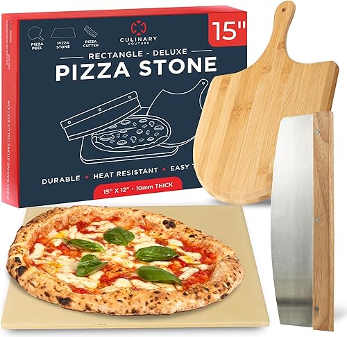 Miniatura 10 de Juego de 3 piedras redondas para pizza para horno de 15" - Viene con pala de pizza para horno y cortador - Piedras de cordierita para pan, calzone