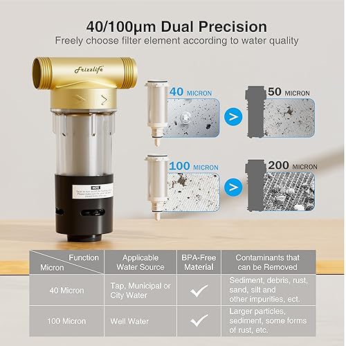 Miniatura 3 de Frizzlife JB40-100 Filtro de sedimento giratorio de doble cartucho, prefiltro de agua para toda la casa, 100 y 40 micrones reutilizable, raspador