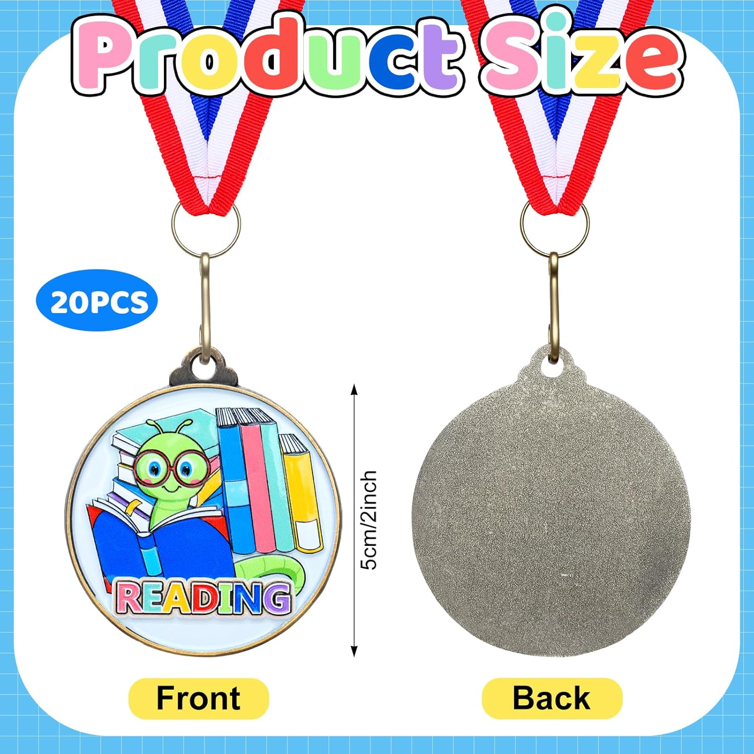 Cunno 20 Pcs Reading Medals Bulk 2'' Book Worm Reading Award Medals with Neck Ribbon Trophy Prizes Winner Gift for School Classroom Students Teaching Competitions Supplies