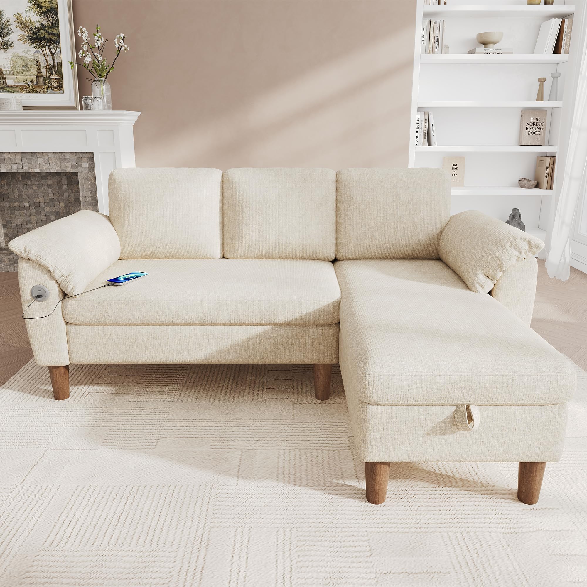Divano angolare a forma di L, divano a 3 posti con chaise longue, montaggio a sinistra/destra, tasca laterale, 2 cuscini per braccioli semirigidi, tessuto di ciniglia, beige