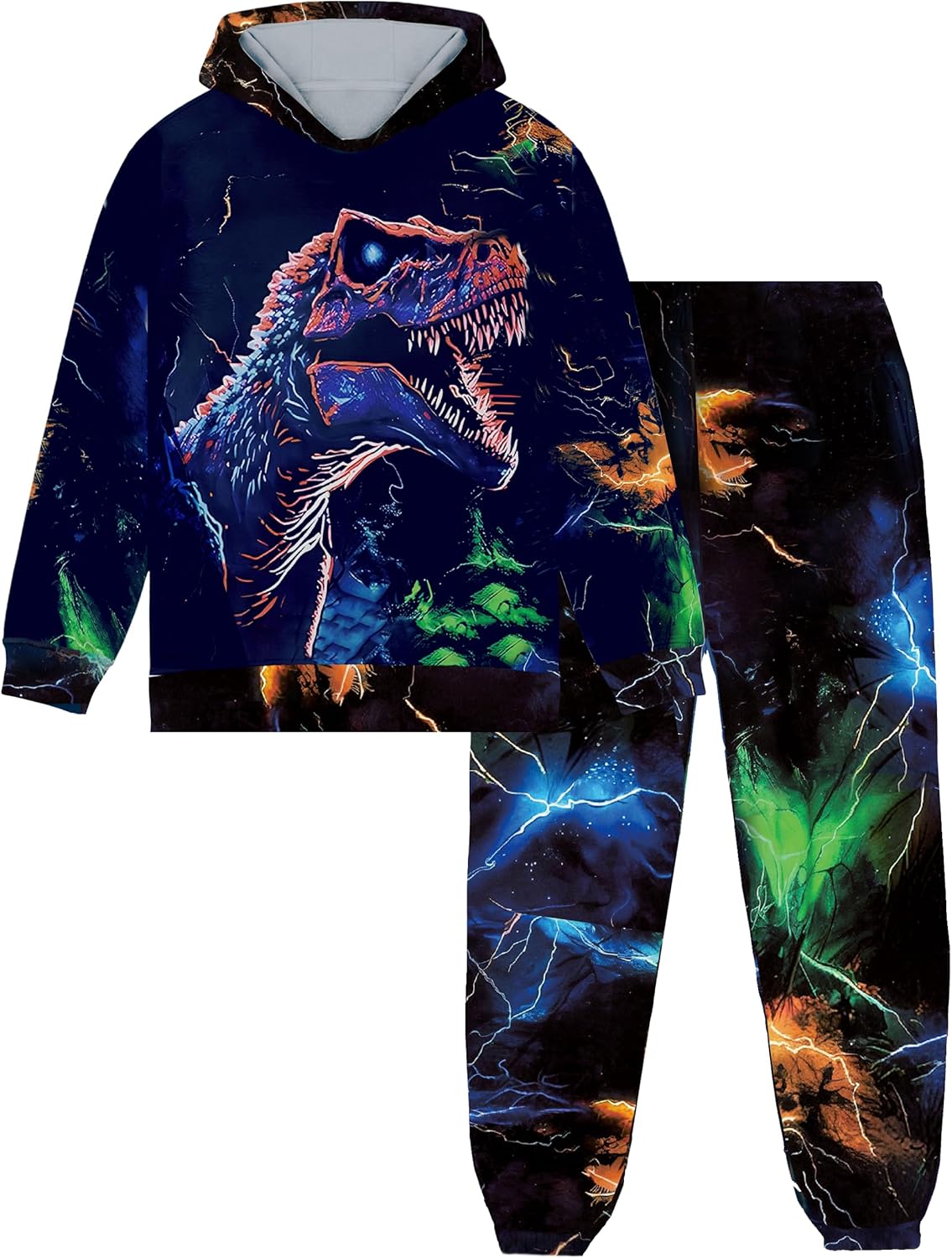 Boy Clothes Long Sleeve Lightning T-Rex Dinosaur Print Hoodie Sweatshirt Cool Pants 2pcs Fall Outfits Set