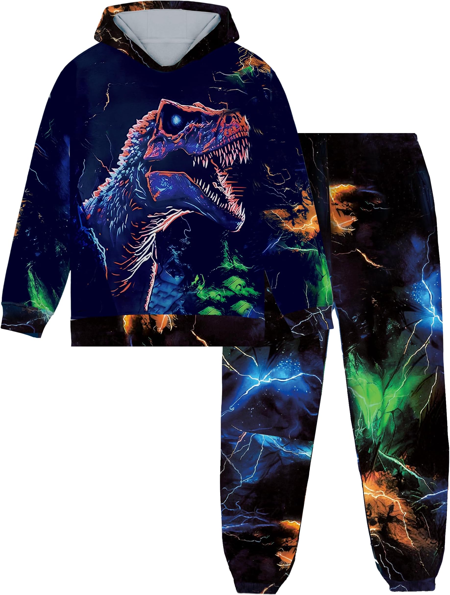 Boy Clothes Long Sleeve Lightning T-Rex Dinosaur Print Hoodie Sweatshirt Cool Pants 2pcs Fall Outfits Set