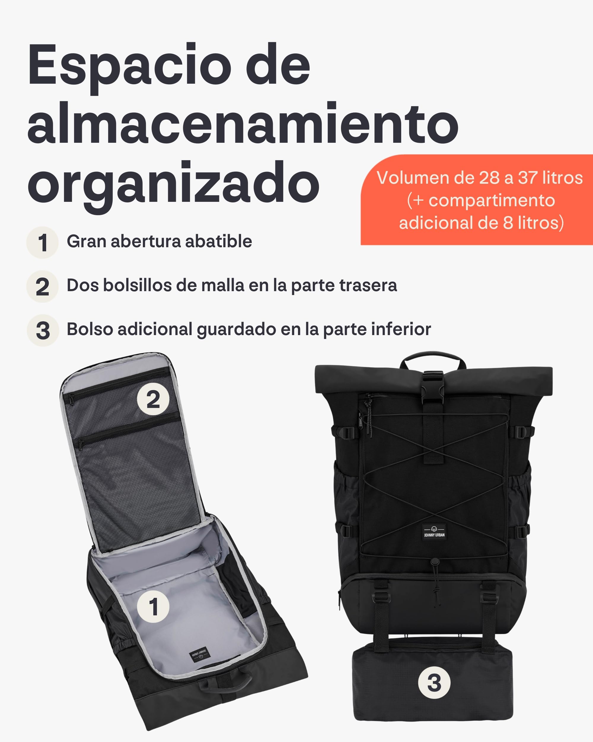Johnny Urban Mochila de Viaje Mujeres y Hombres - Allen Travel L - 37L Rolltop Backpack Large - Bolsa Ideal para Viajes Senderismo Excursiones - Repelente al Agua
