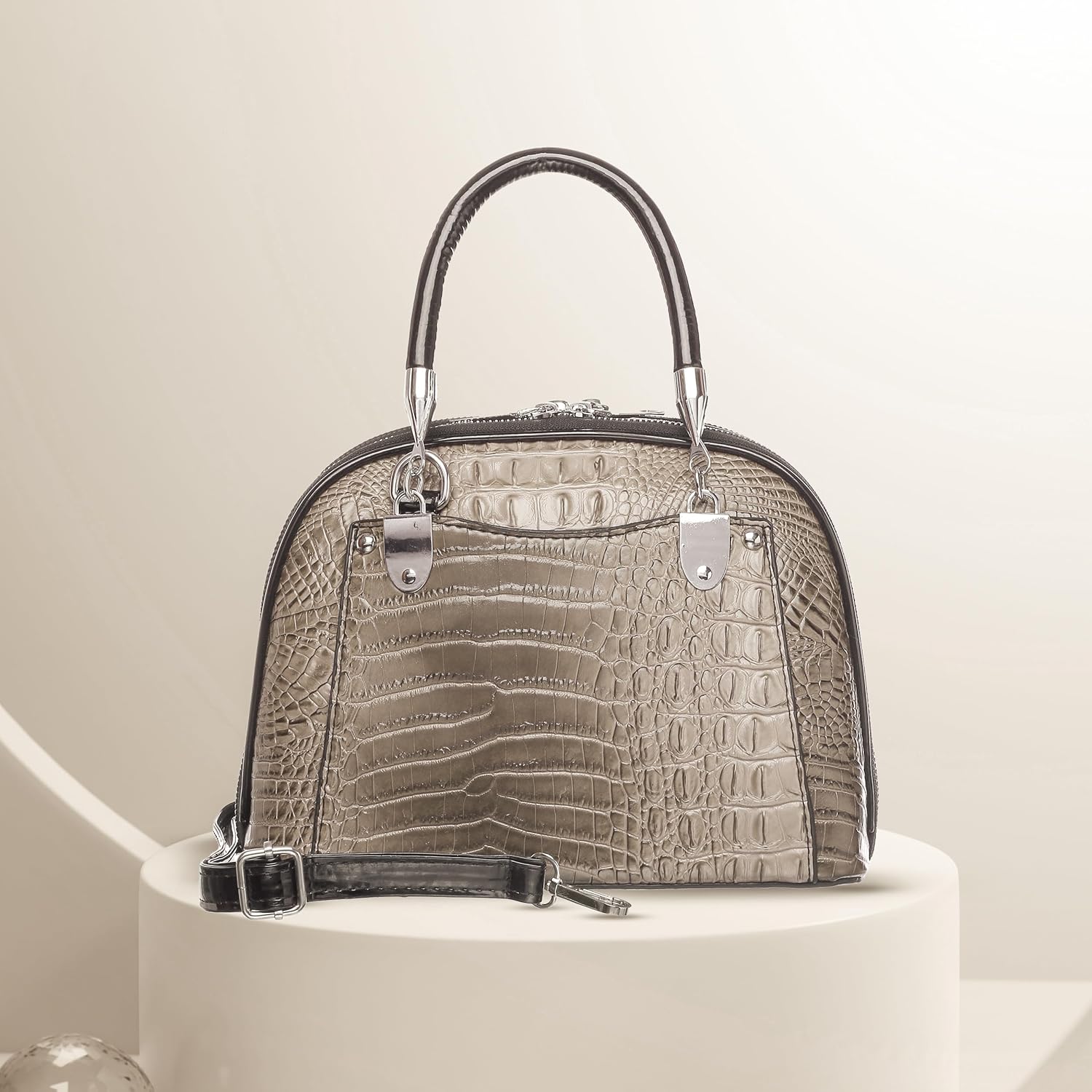 Crocodile Embossed Structured Handbag for Women – Elegant Top Handle Purse with Detachable Shoulder Strap