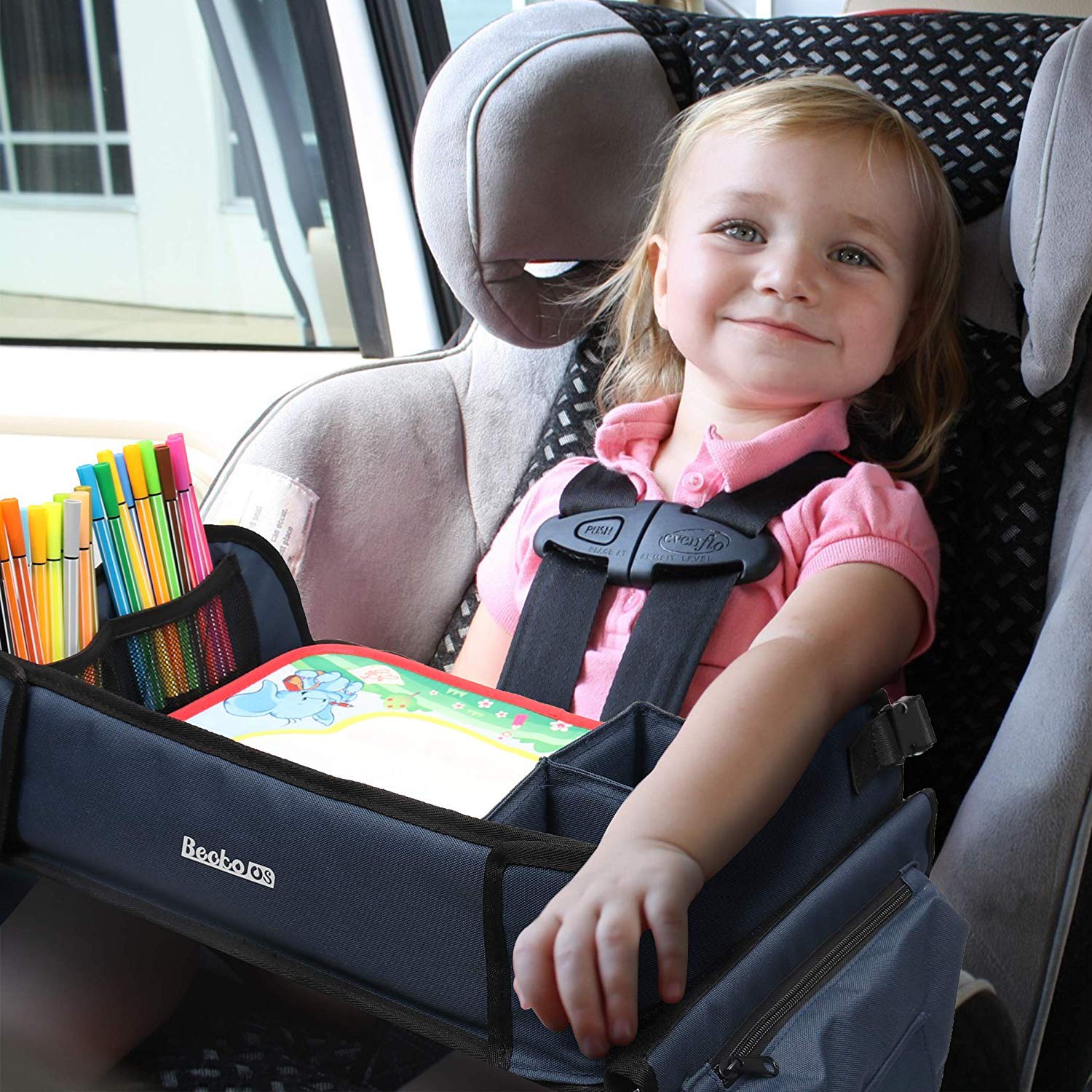 Becko US Plateau à jouets de voyage pour enfants - Plateau de jeu pour poussette, voiture, avion, voyage en voiture avec tapis de gribouillage, pliable et portable