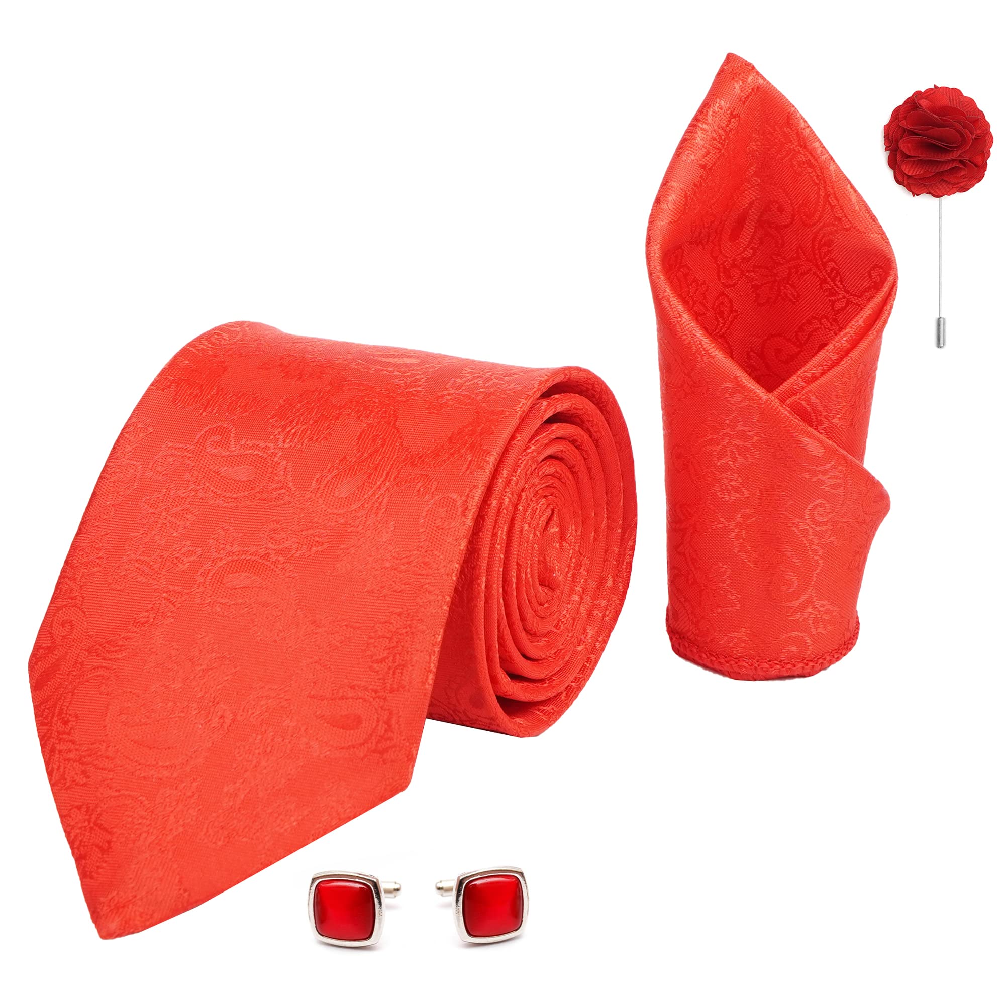 rizoro Mens Plaid Paisley Silk Necktie Gift Set With Pocket Square Cufflinks & Brooch Pin Formal Tie With Leatherite Box (Peach JCPCRX Free Size)-picture-35