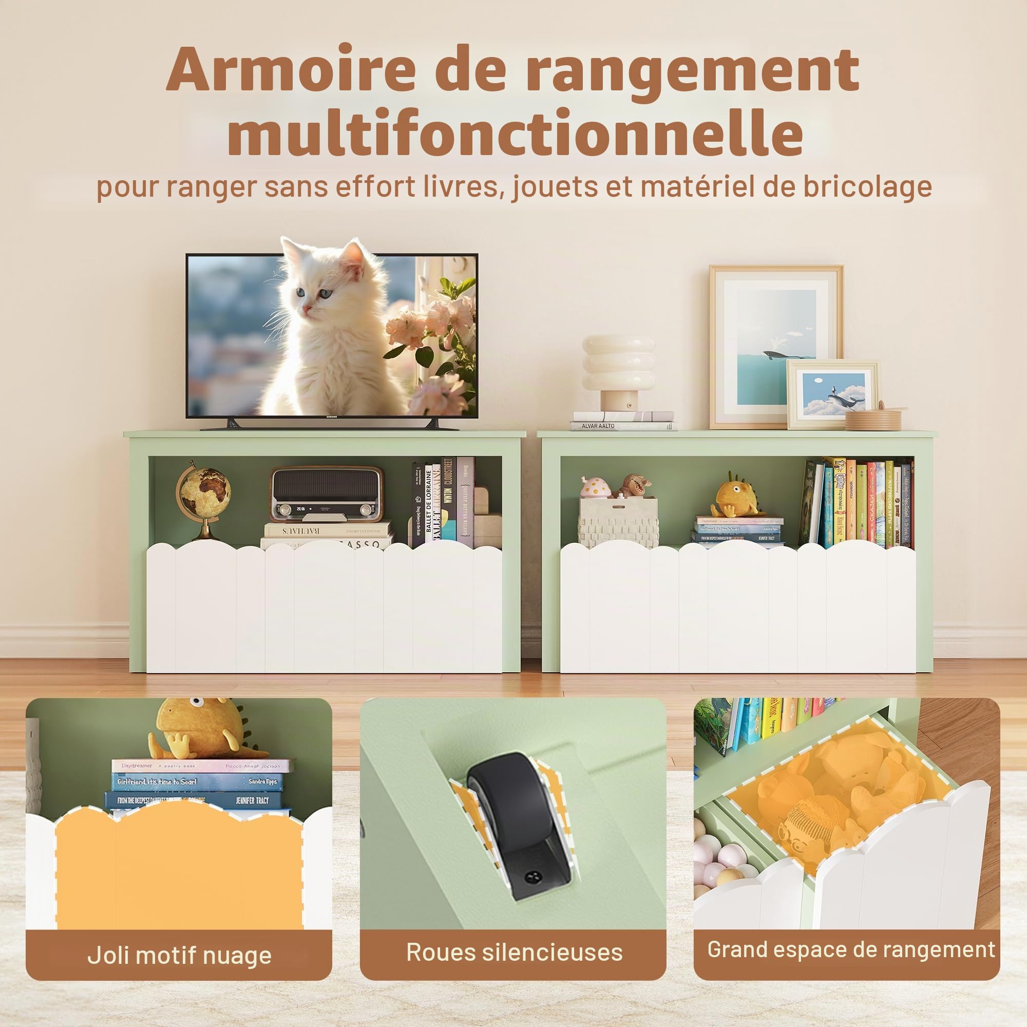 YOUDENOVA Étagère pour enfant, meuble de chambre d'enfant, avec 3 boîtes, rangement de jouets sur roulettes, 102,2 x 33 x 61,5 cm, rangement de chambre d'enfant pour livres d'images, livres d'histoire