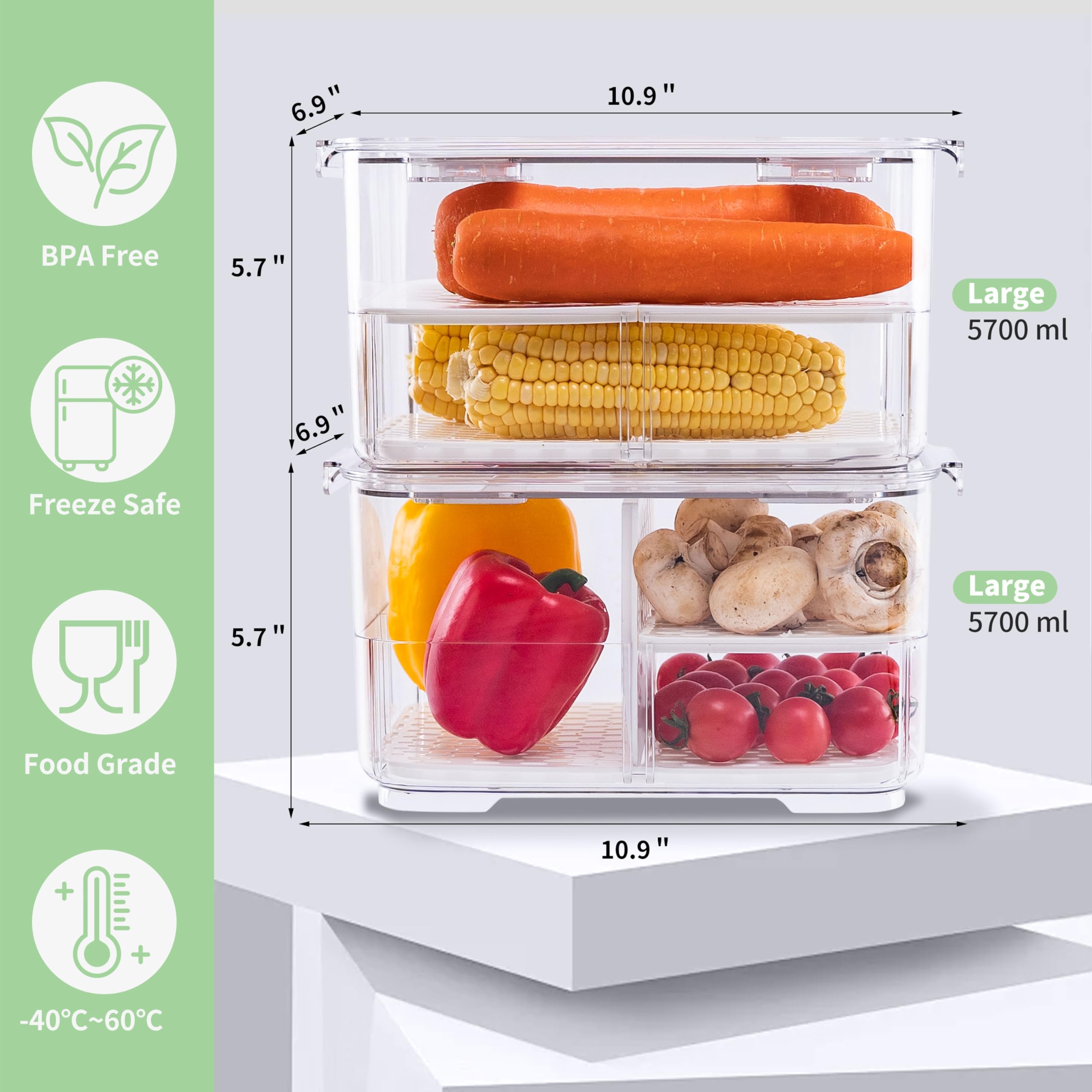 elabo Obst-Aufbewahrungsbehälter für den Kühlschrank, 2 Stück | BPA-freie und lebensmittelechte Behälter, halten Beeren und Gemüse frisch, große Kapazität mit herausnehmbarer Ablaufschale