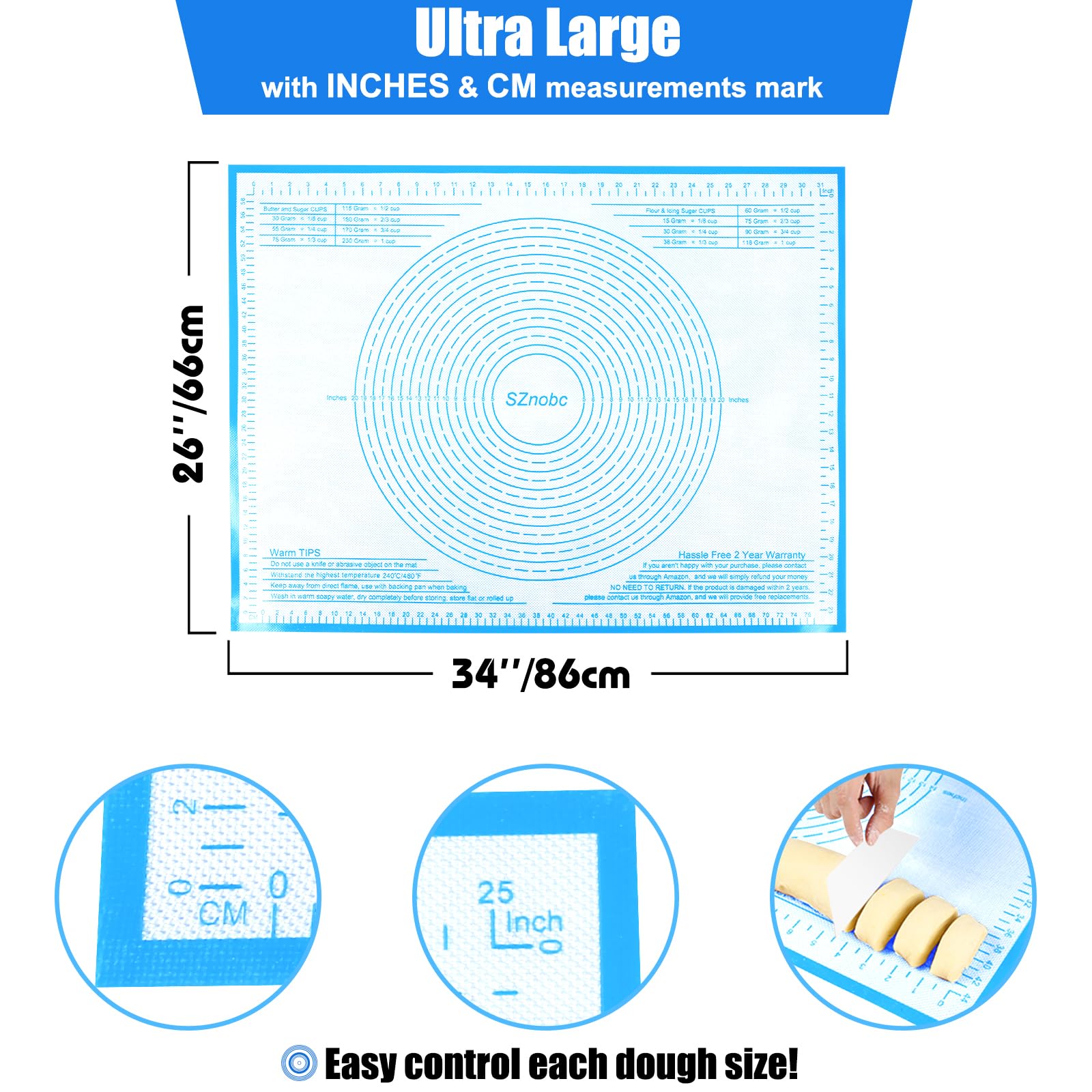 Tapis de pâtisserie extra large en silicone anti-adhésif avec mesure pour la cuisson, tapis de fondant, tapis de pétrissage, tapis à rouler pour pâte à tarte (bleu, 86,4 x 66 cm)