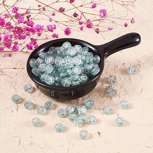 Miniatura 3 de Pandahall - 200 cuentas acrílicas transparentes de letras con polvo de purpurina de 0.276 x 0.157 in, cuentas redondas planas transparentes del