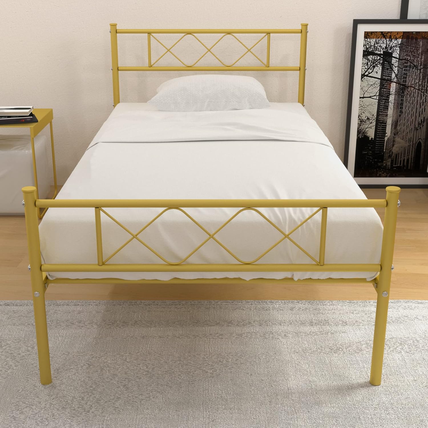 Weehom Metal Twin Bed Platform Frame Heavy Duty Steel Slat Under Bed Storage, Gold