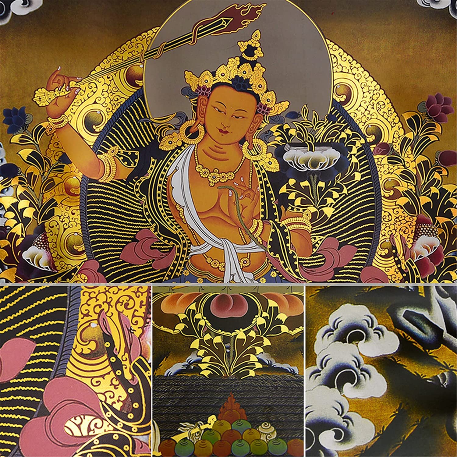 Gobelin Thangka, Thangka, buddyjska statua malarstwa Buddy, gobelin Buddy ze zwojem, Manjusri, Budda mądrości, tybetańska statua Buddy Malarstwo Sztuki, Gobelin Buddy ze zwojem, typ czarny (kolor: M