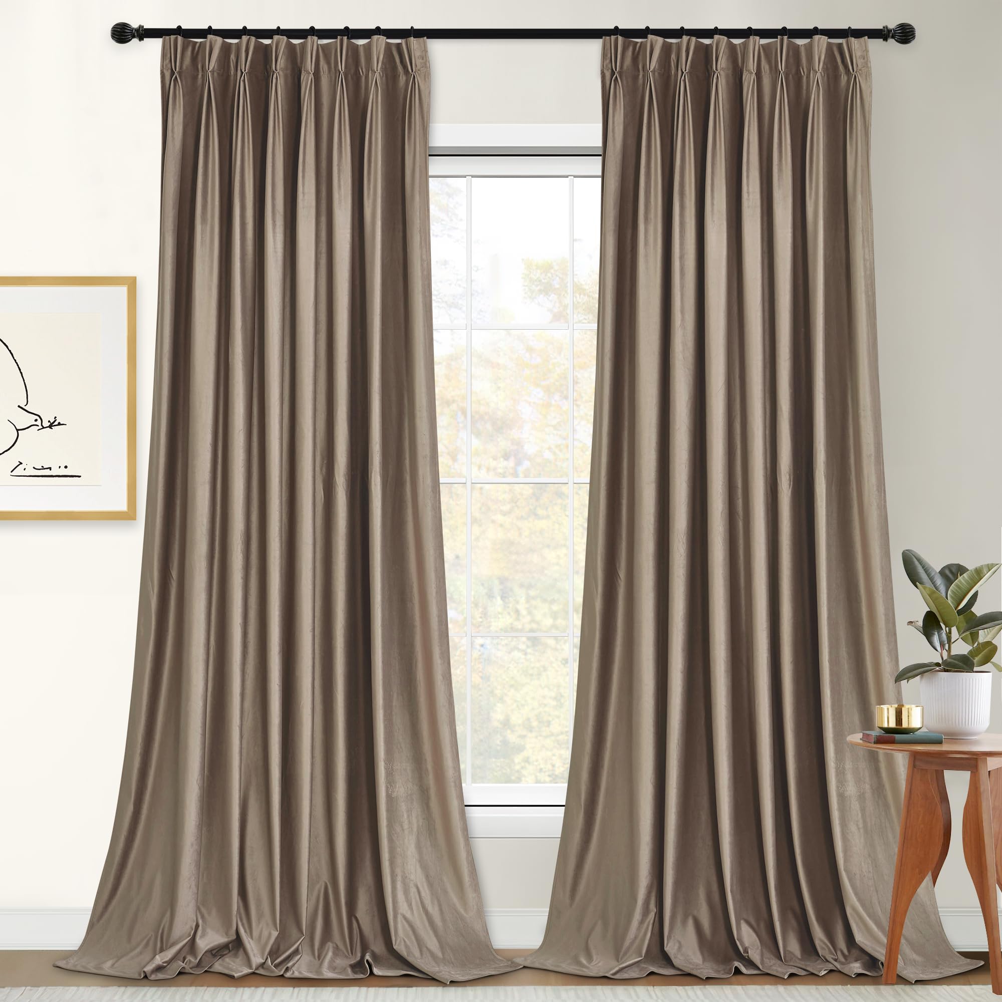 StangH Taupe Velvet Curtains for Bedroom 84 inches Long Luxury Pinch Pleat Room Darkening Thermal Insulated Window Covering for Living Room/Theater, W52 x L84, 2 Panels