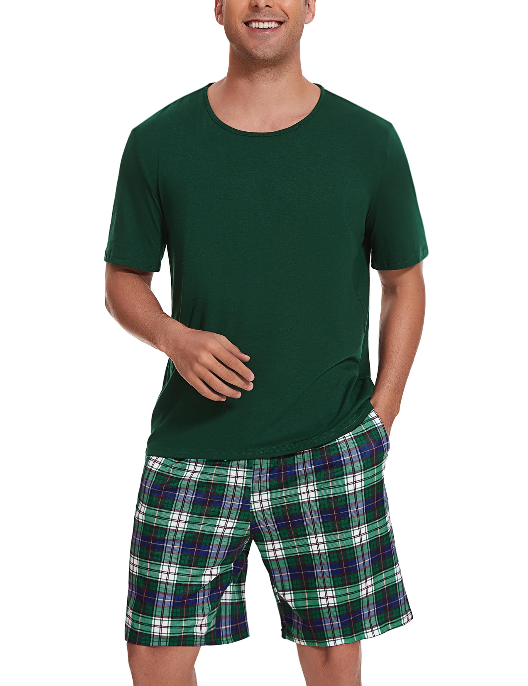 Uniexcosm Schlafanzug Herren Baumwolle Kurz Zweiteiliger Pyjama Set Nachtwäsche Kurzarm Oberteil und Karierte Schlafanzughose Hausanzug Sleepwear
