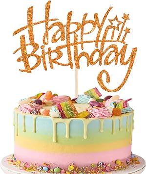 Rsstarxi 1 Pack Handmade Happy Birthday Cake Topper, Glitter Happy Birthday Cake Picks Birthday Party Decorations for Anniversary/Birthday Party Cake Decorations Orange