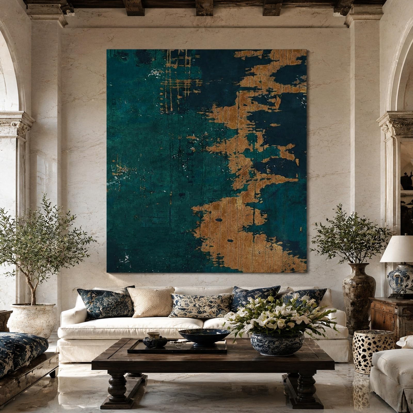 Gobeliny bardzo duże 180 x 230 cm, niestandardowy obraz logo tekst spersonalizowany gobelin wiszący na ścianie, abstrakcyjna zieleń, żółty,