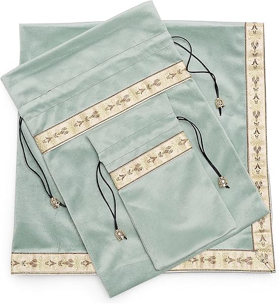 Kuai タロットクロス パステルカラー 68×68cm 2点セット ベルベット ポーチ付 タロット カード 占い 鑑定 厚手 (ブルーグリーン+ゴールドリボン, 2点セット ポーチ小付) - 2