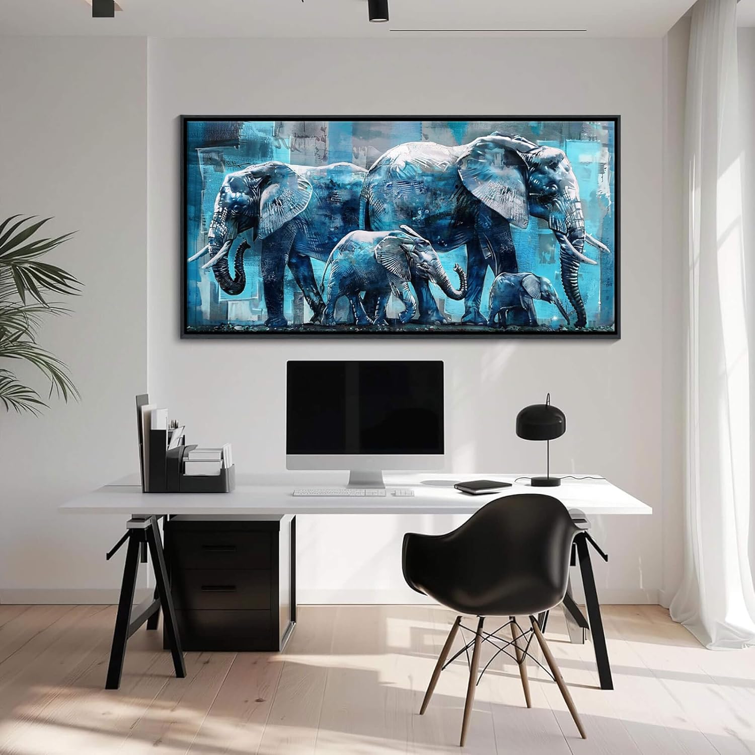 elephant canvas wall art 20x40 inches - framed oil painting style with black wood frame, jungle animal decor for living room, bedroom & office - ready to hang elephant art wall decor 40"l x 20"w