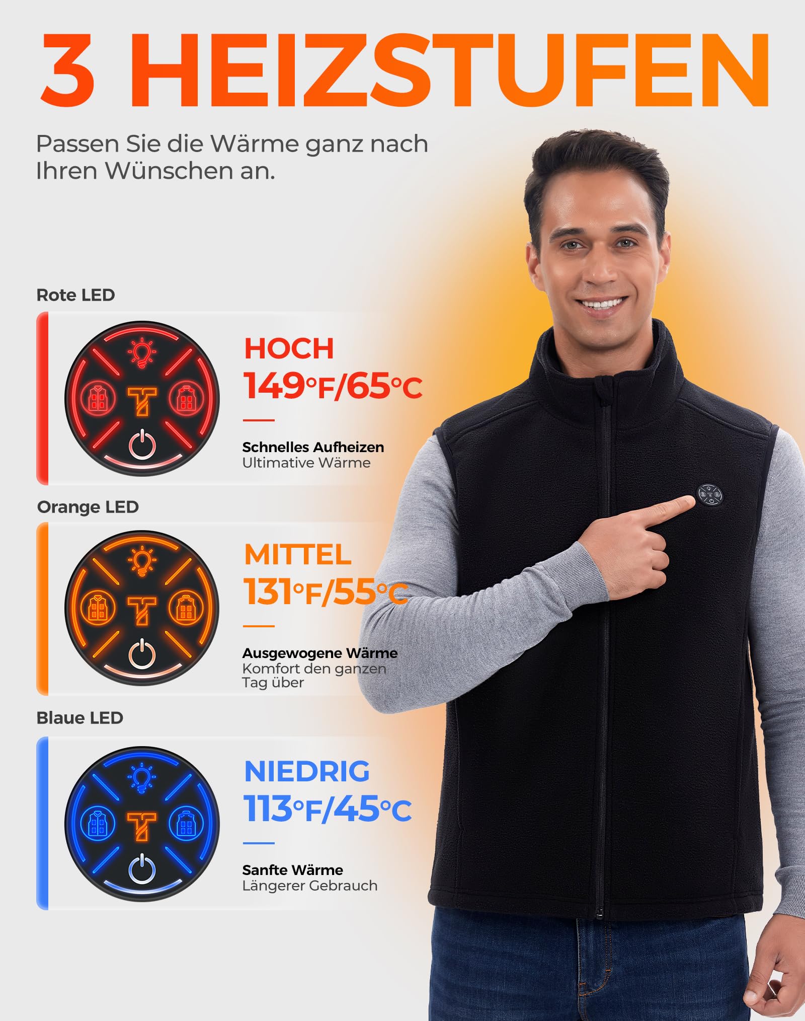 Gilet riscaldante in pile da uomo, con power bank da 16000 mAh