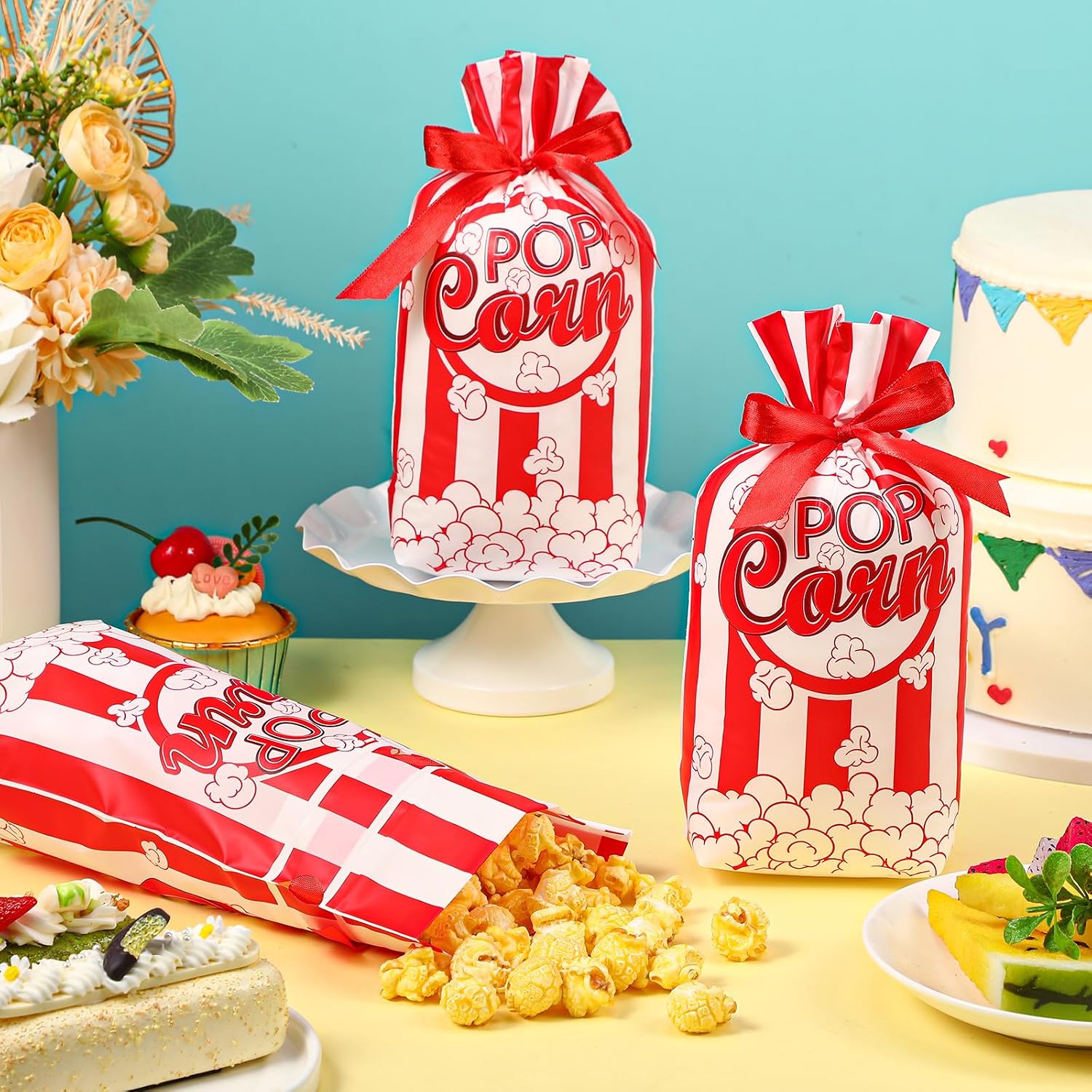 50 Pcs Popcorn Plastic Bags Circus Carnival Party Bags, Red image 5