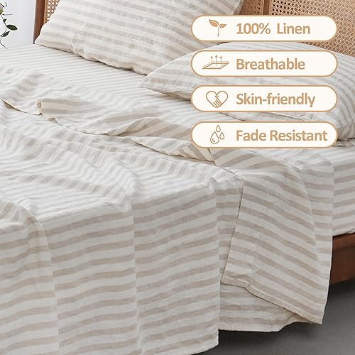 Miniatura 5 de S VICTORY SYMBOL Sábana encimera 100 % de lino, 1 pieza, 108 x 102 pulgadas, lino francés lavado a piedra beige a rayas, tamaño King, sábana