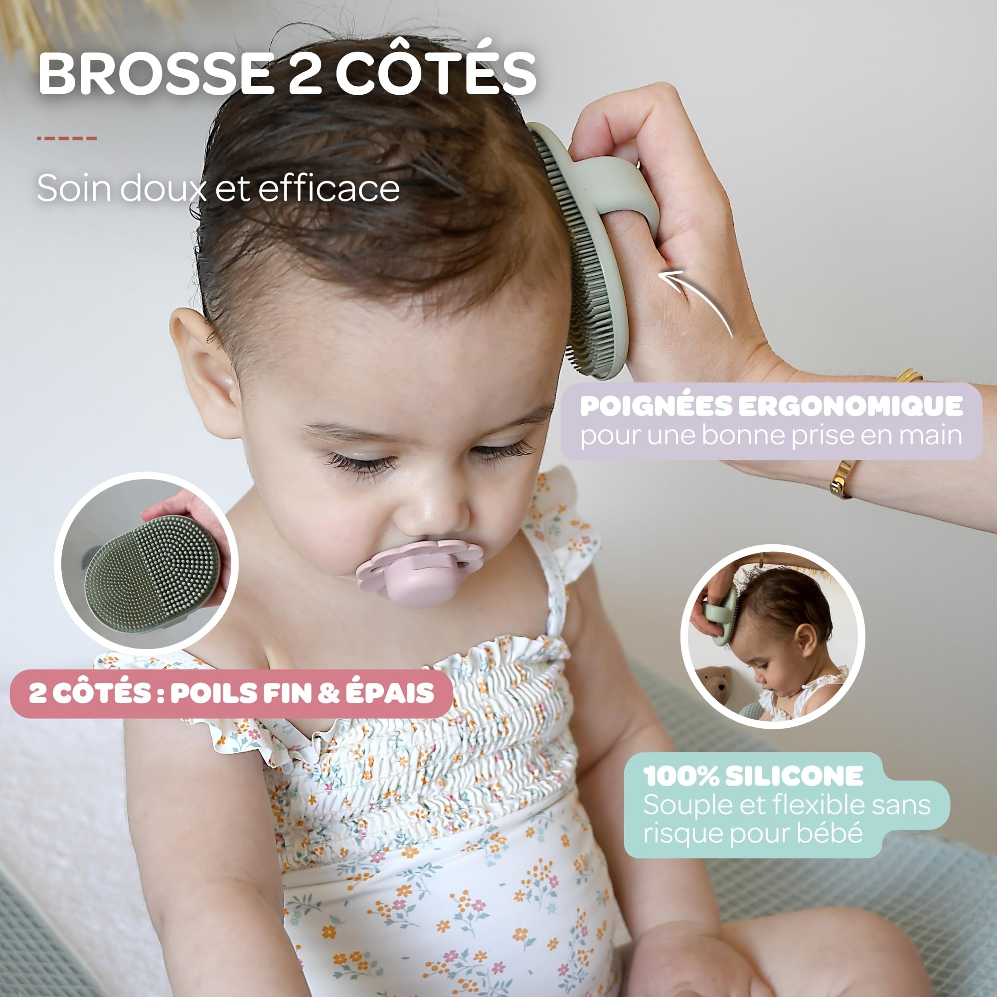 BÉABA, Brosse de Bain pour Bébé en Silicone, Toilette Bébé, 2 Côtés, Poils Fin pour Masser bébé, Poils épais pour croûtes de lait, 100% Silicone Doux, Vert de gris