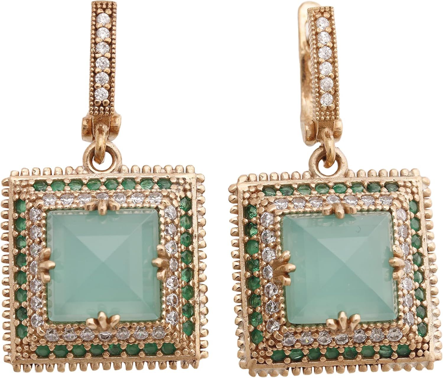 Turkish Handmade Jewelry Square Shape Princess Cut Aquamarine and Round Cut Emerald Topaz 925 Sterling Silver Drop/Dangle Earrings