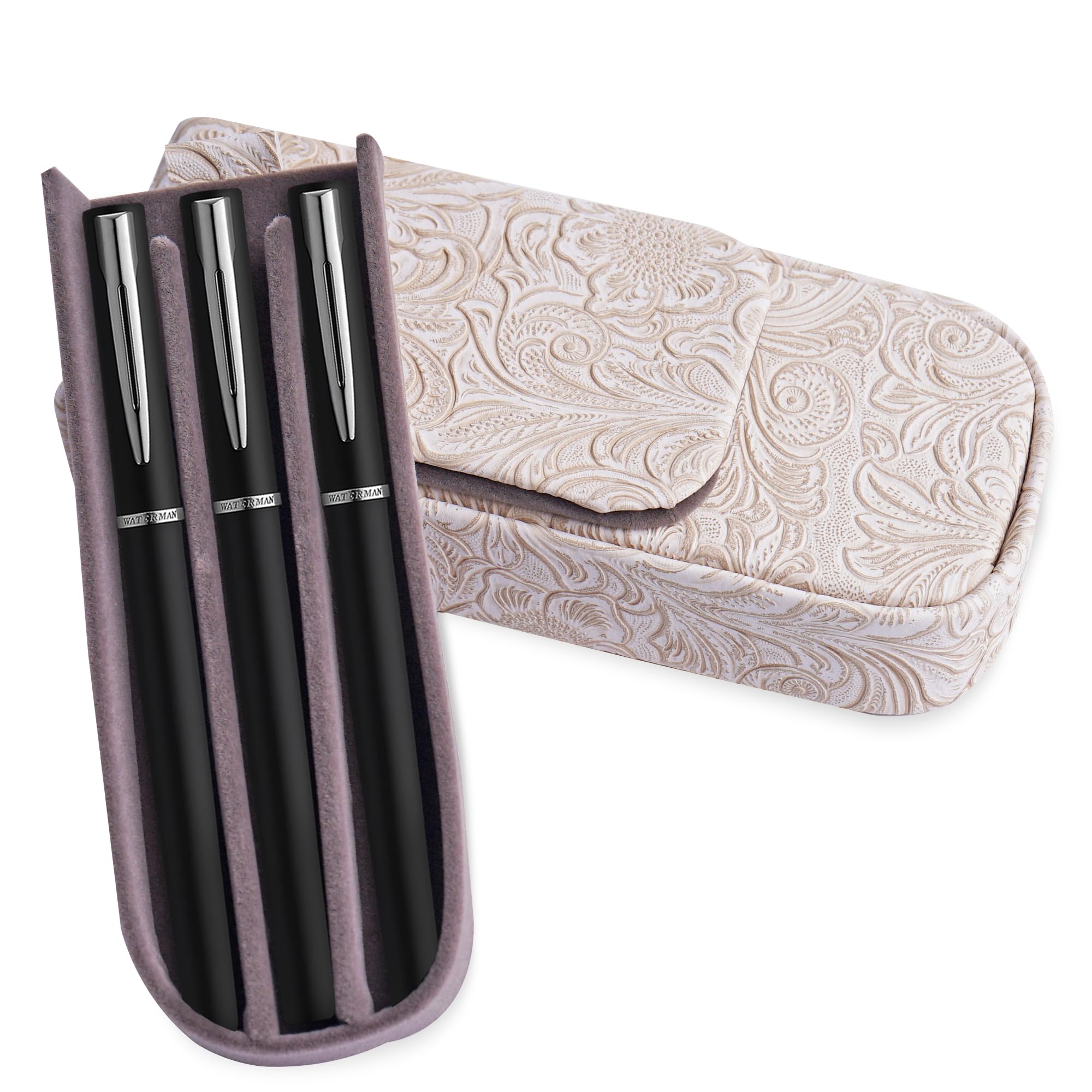 Mtzmy Leather Triple Pen Case Pencil Pouch Holder for Three Fountain Ballpoint Rollerball Pens and Pencils Gift Choice for Man/Woman/Office(1-Carved3 White)