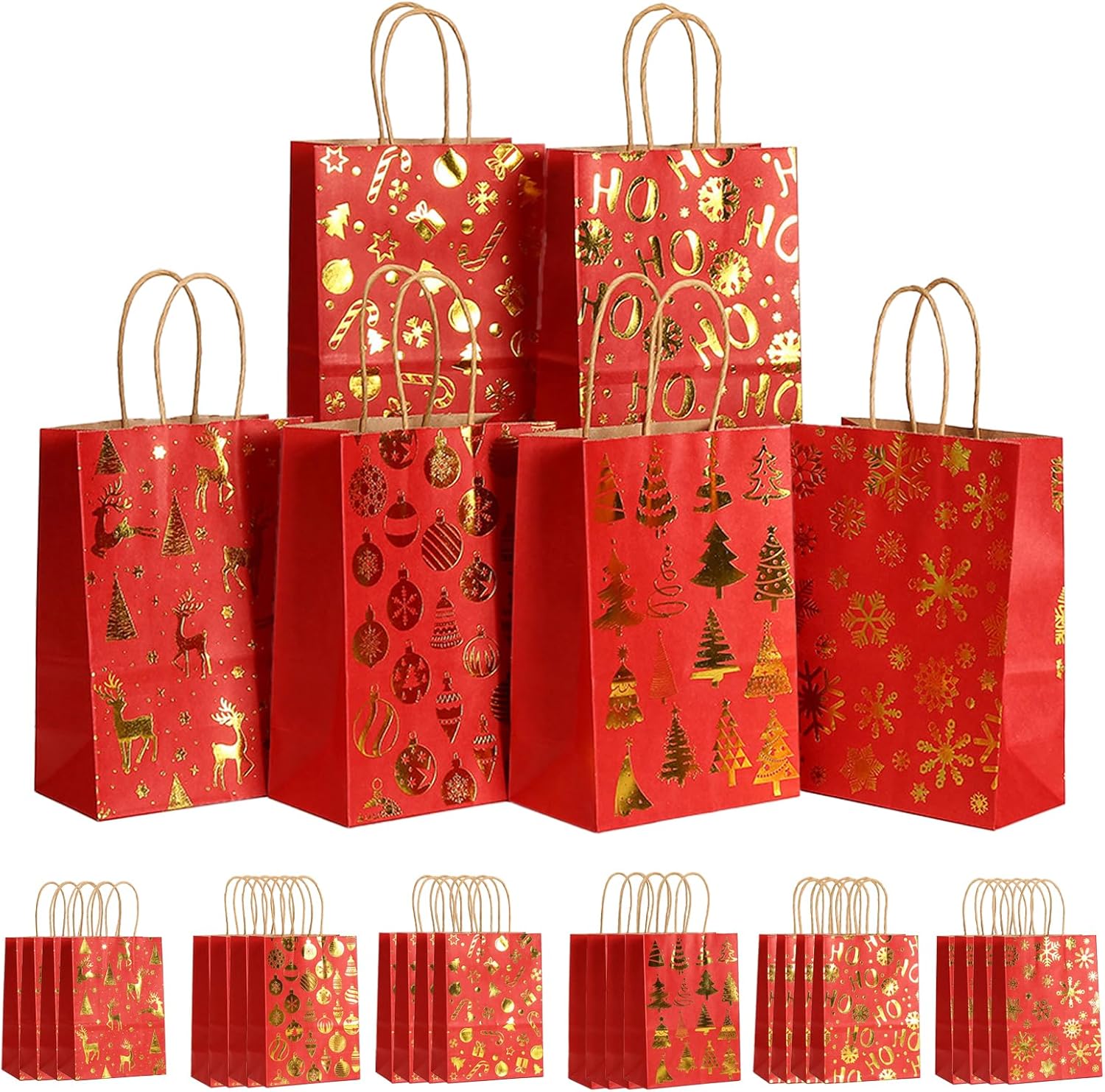 Qigfucm 24 Pack Christmas Gift Bags, Festive Kraft Paper Party Favor Bags with Handles, Assorted Xmas Patterns Candy Treat Pouch for Holiday Birthday Party Supplies (Red)