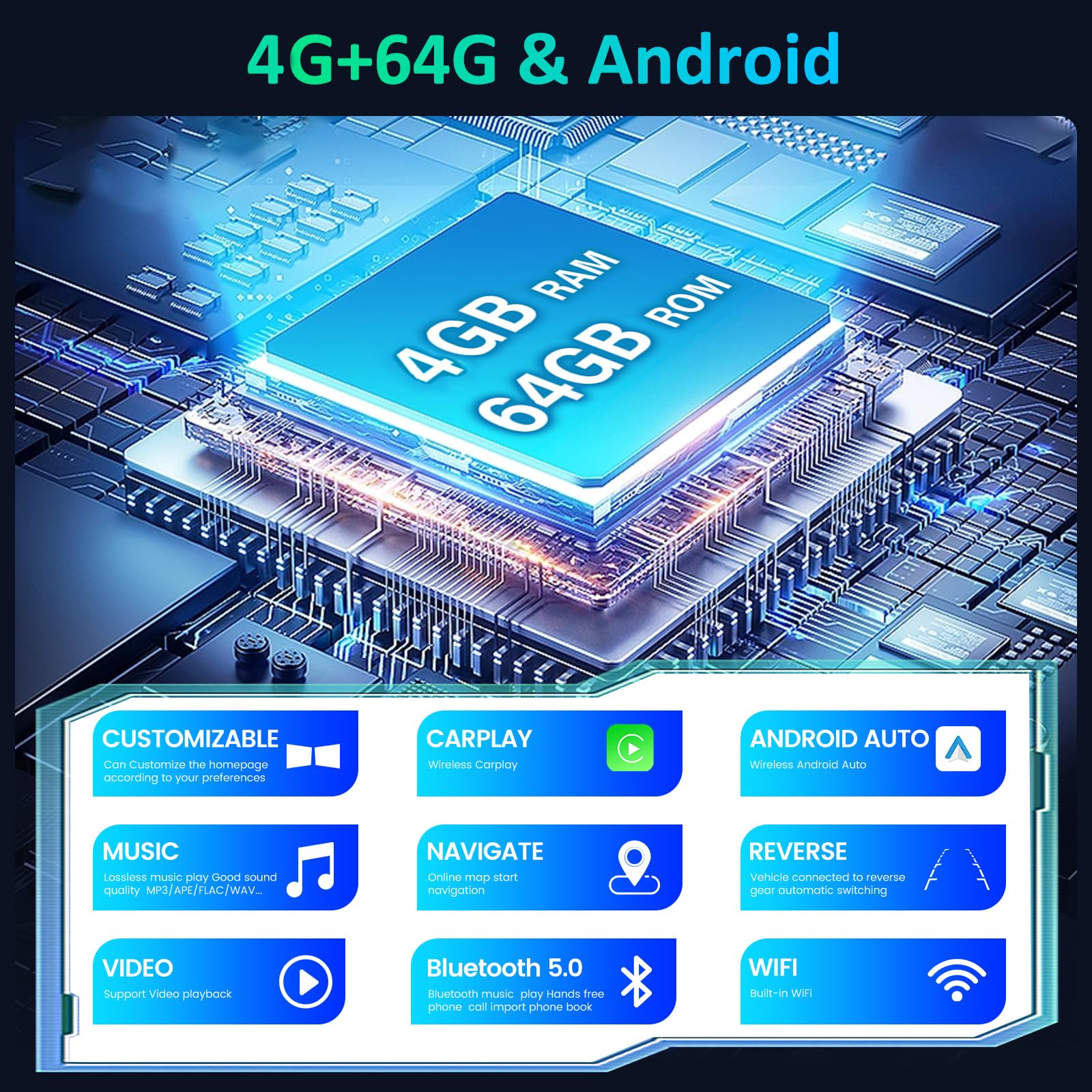 Radio samochodowe 4+64G Android do Peugeot 3008 2009-2015, 9-calowy ekran dotykowy IPS Stereo z bezprzewodowym CarPlay i Android Auto, GPS WiFi Bluetooth 5.0 DSP 32EQ + AHD kamera cofania i mikrofon