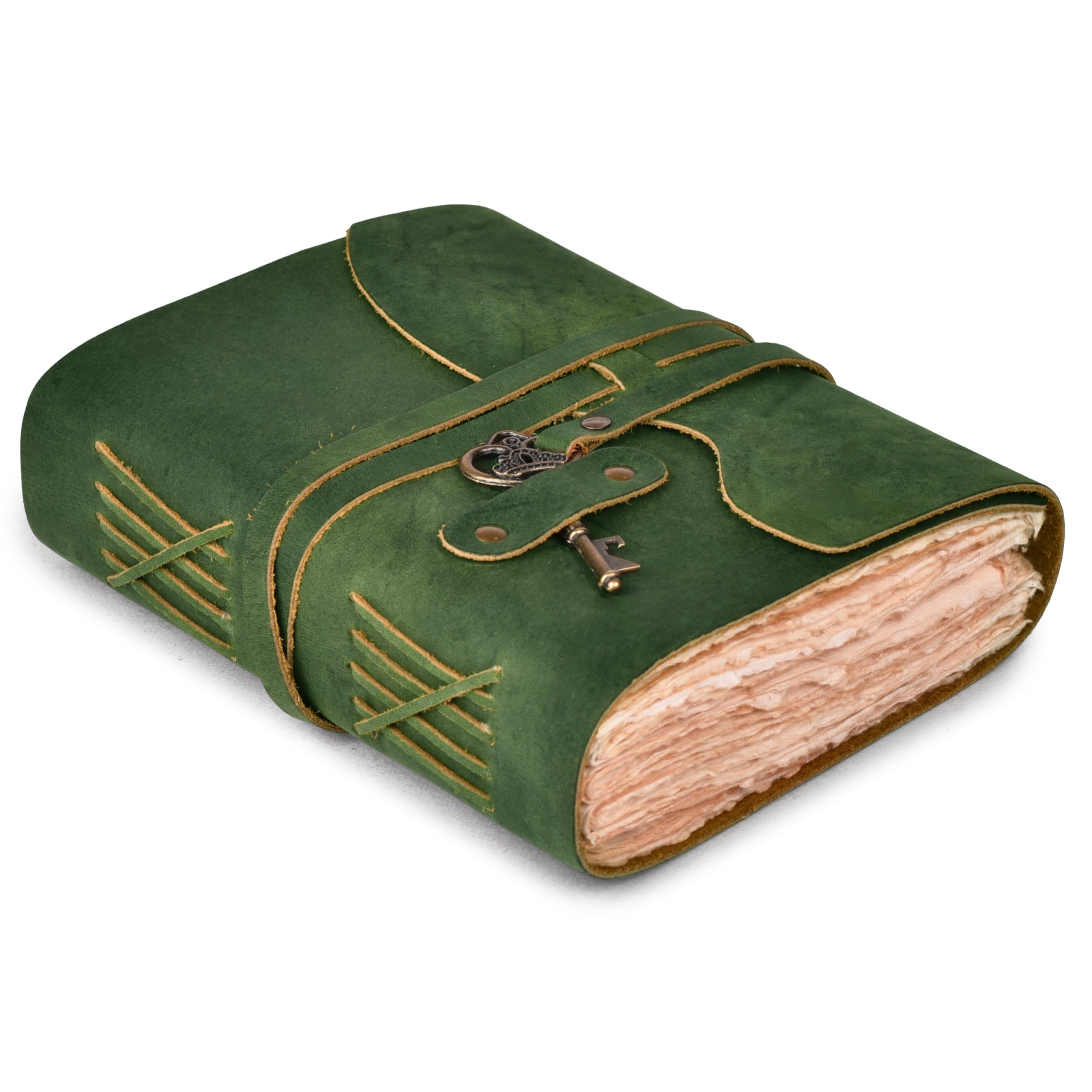 LEATHER VILLAGE Leder-Notizbuch, Tagebuch, Schlüsselschloss, Waldgrün, 8 x