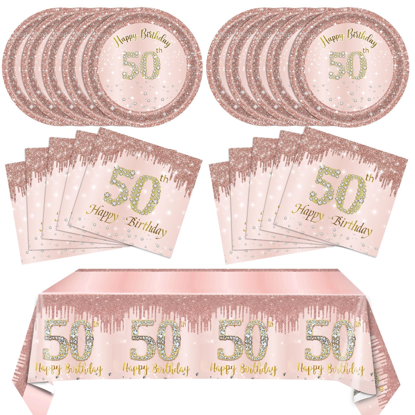 50th Birthday Decorations for Women Rose Gold Birthday Supplies 50th Birthday Tableware Set Include 50th Rose Gold birthday plates and napkins Tablecloth Fifty Birthday Party Decorations Favors for