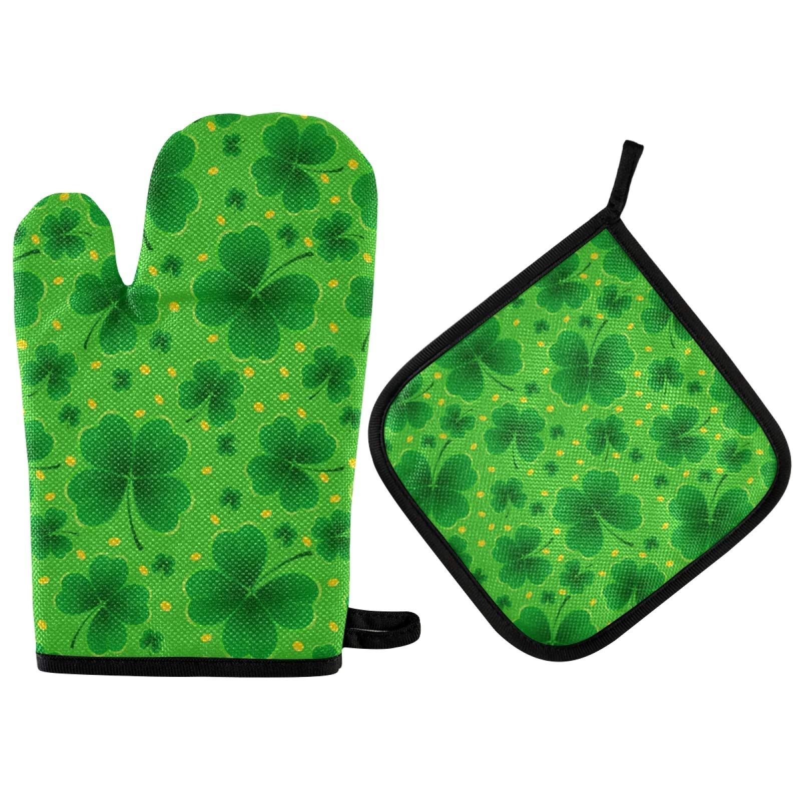 Shamrock Clovers Green Leaf Oven Mitts and Pot Holders Sets Heat Resistant Non Slip Happy Patrick Day Oven Gloves Hot Pads Insulated Washable for Cooking Baking BBQ Decorative Kitchen Gift