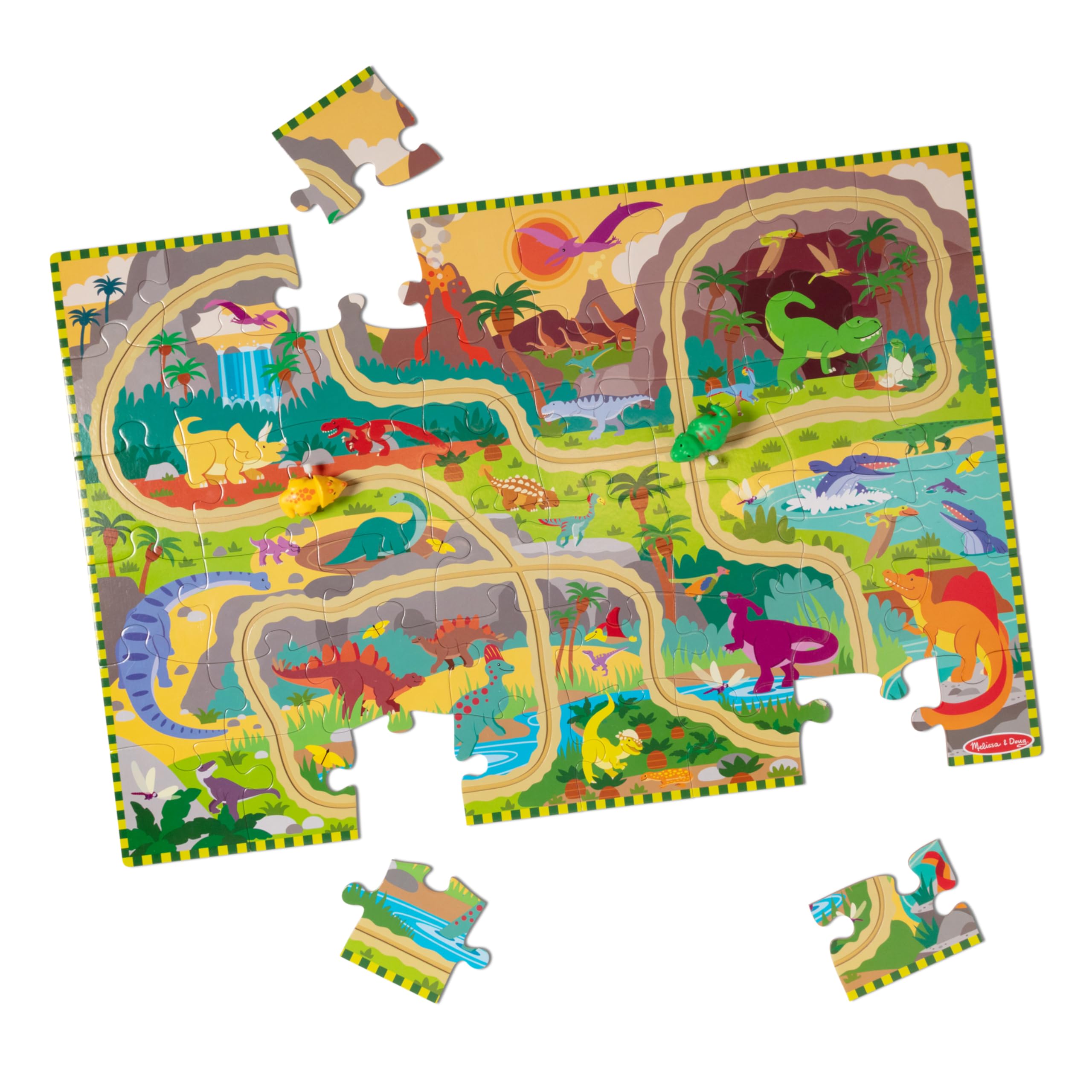 Melissa & Doug Dinosaur Adventure Tracks Cardboard Puzzle Floor Puzzle and 2 Wind Up Dinos, 48 Pieces, for Boys and Girls Aged 3+