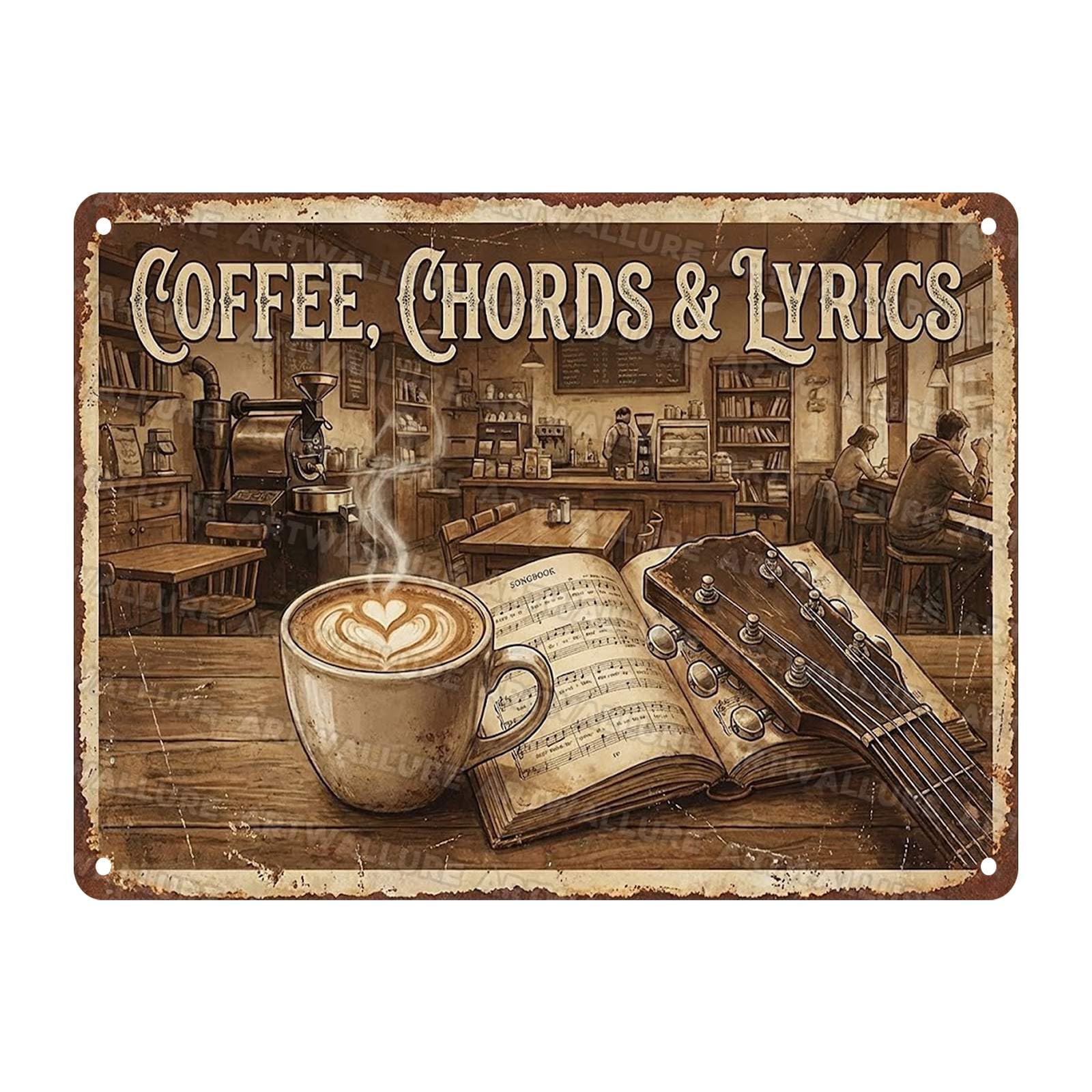 Vintage Tin Sign Coffee Chords & Lyrics Metal Sign for Cozy Cafe Kitchen Music Corner Art Plaque 12x16Inch