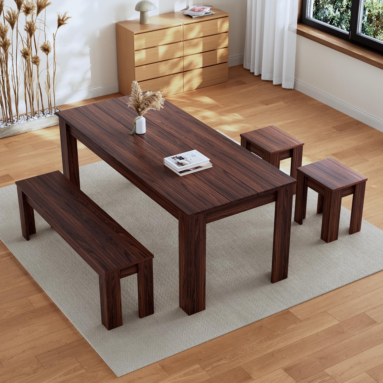 HIPIHOM 62.9" Wooden Dining Table with Bench and 2 Stools, Modern Kitchen Table and Chairs Set for 4 or 5 Person, Thickened MDF Wooden Table for