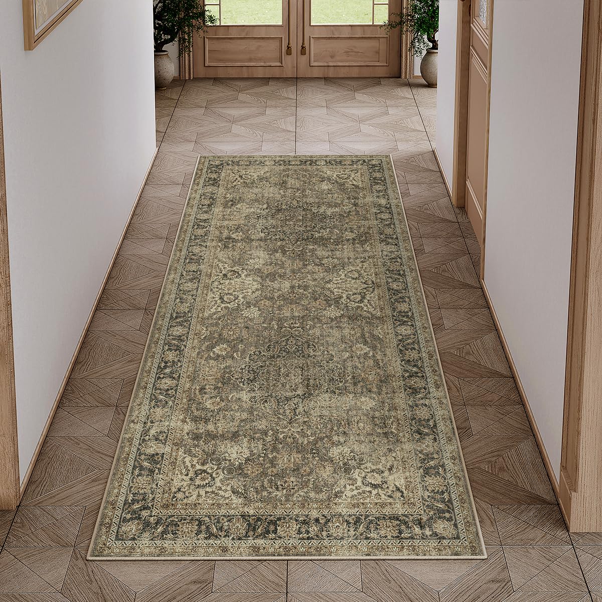 WondRg 2x5 Washable Brown Runner Rug Vintage Hallway Kitchen Carpet Non-Slip Soft Low Pile Distressed Throw Rug for Bedroom Bathroom Laundry Living