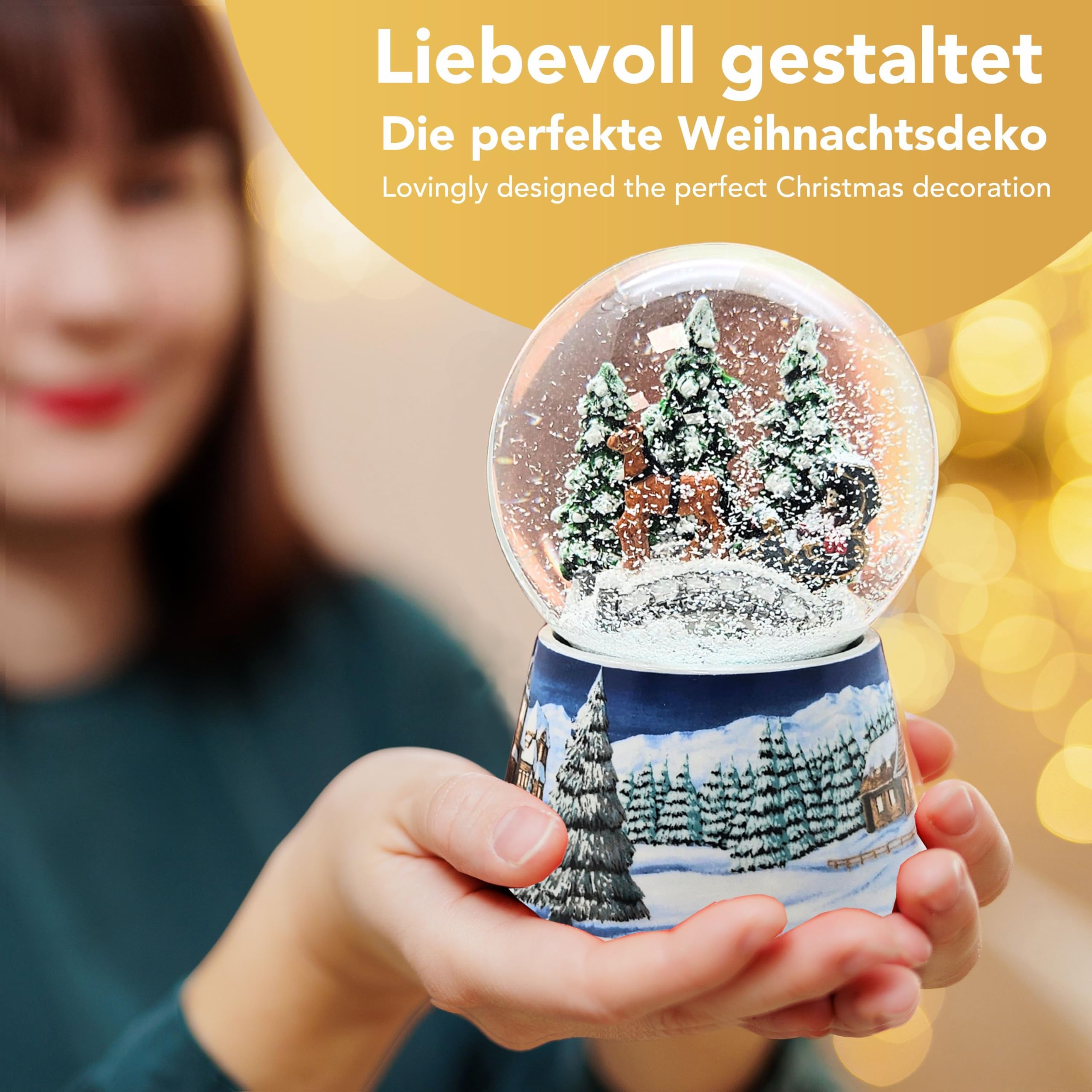 Schneekugel Weihnachten Spieluhr | Kutsche über Brücke | Sockel Winterlandschaft Mittelblau | Höhe: 140mm Breite: 100mm | Weihnachtsdekoration | 20291