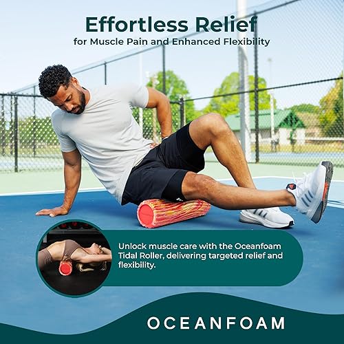 Miniatura 31 de Oceanfoam Tidal Roller - Rojo, Azul Marino Oscuro y Natural Marmóreo - Rodillo de espuma para masaje muscular para dolor de espalda y estiramiento -