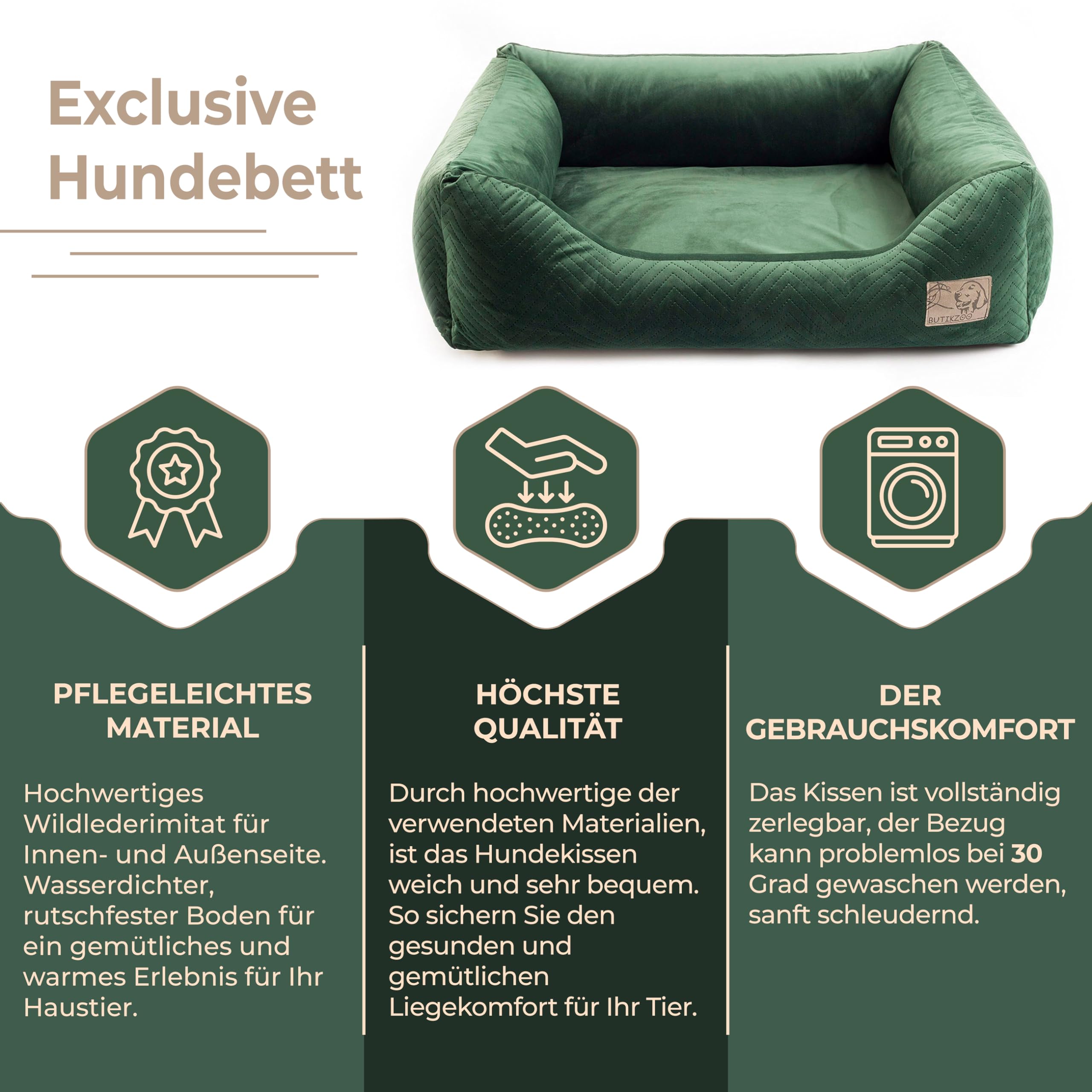 Exclusive Hundebett | Hundeliege, Hundekörbchen mit Kissen | Hundesofa für große Hunde | Große: XL - 100 x 79 x 22 cm | Farbe: Velvet Grün