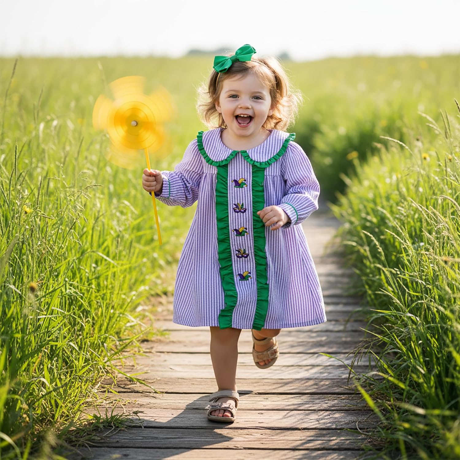 Toddler Baby Girl Mardi Gras Outfit Smocked Dress Stripe Ruffle Dresses Little Girls Carnival Clothes - Image 4
