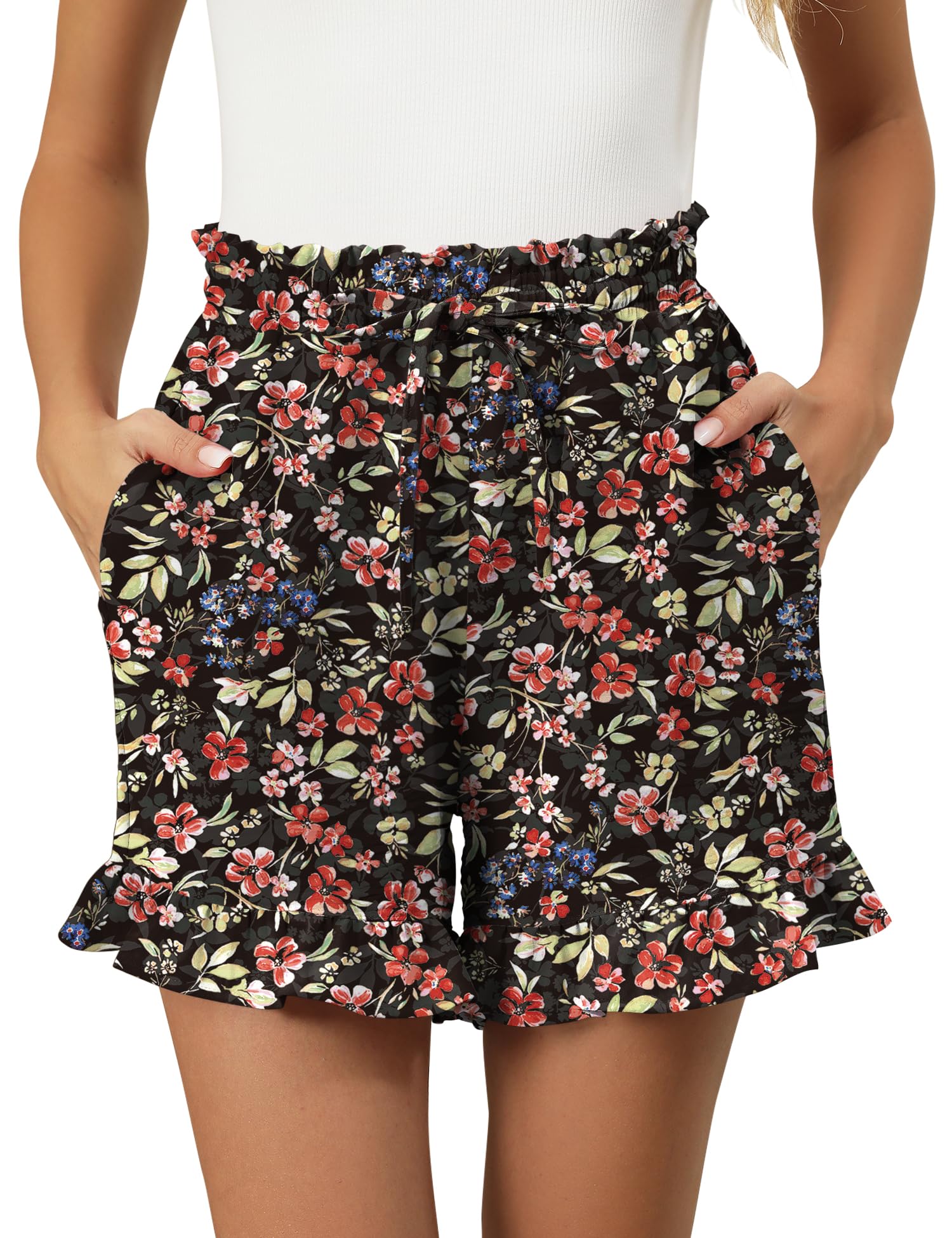 IECCP Women's Shorts 2025 Summer Casual Cute Ruffle Shorts Comfy Elastic Waist Drawstring Pleated Short with Pockets